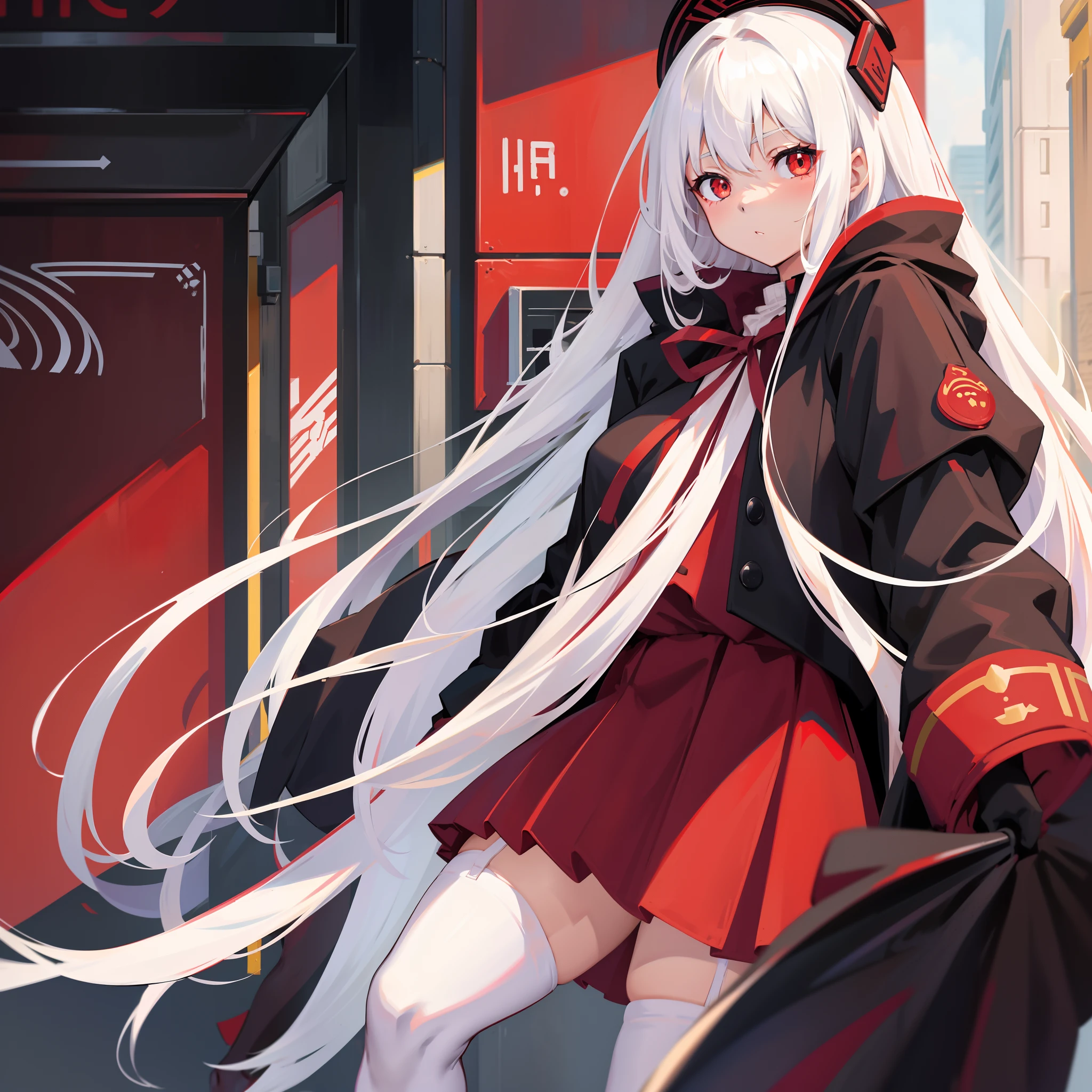 Long white hair, red color eyes, Wear pleated skirts, dressed in a black coat，Inside was a white sailor suit，Wearing black stockings, Plump body, An anime character, Only one person，Drinking brown drinks on the street