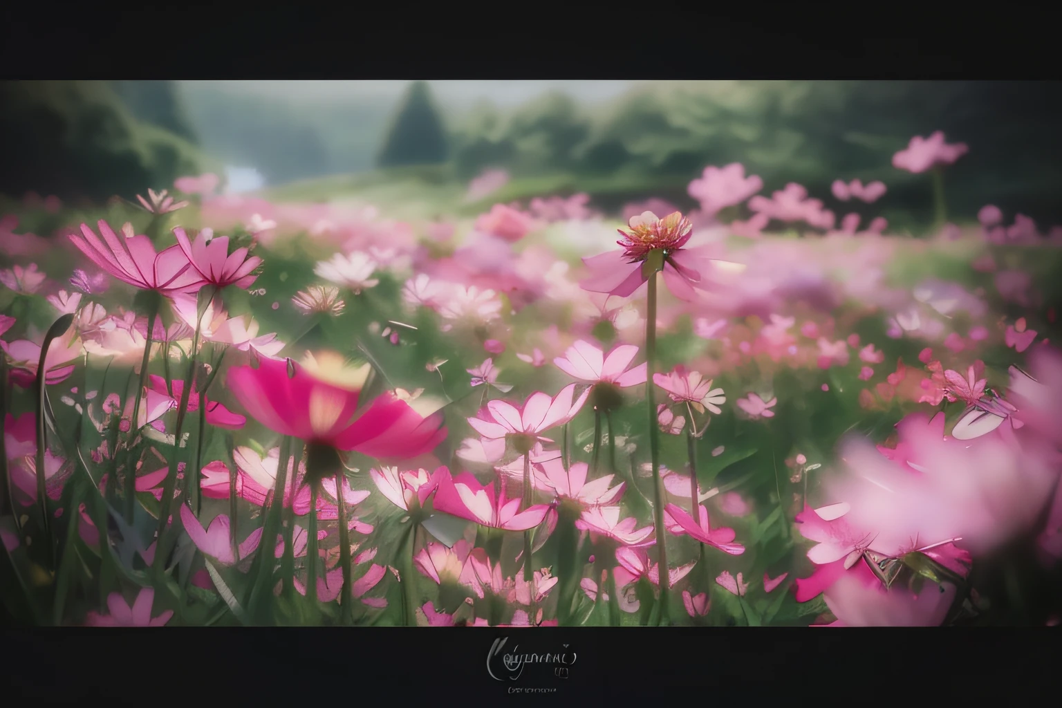 there are many pink flowers in a field of green grass, miniature cosmos, cosmos in the background, flower field, surrounded flower, field of pink flowers, cosmos, color ( sony a 7 r iv, vast cosmos, shot in canon 50mm f/1.2, depth of field : - 2, in a field of flowers, an aesthetic field of flowers