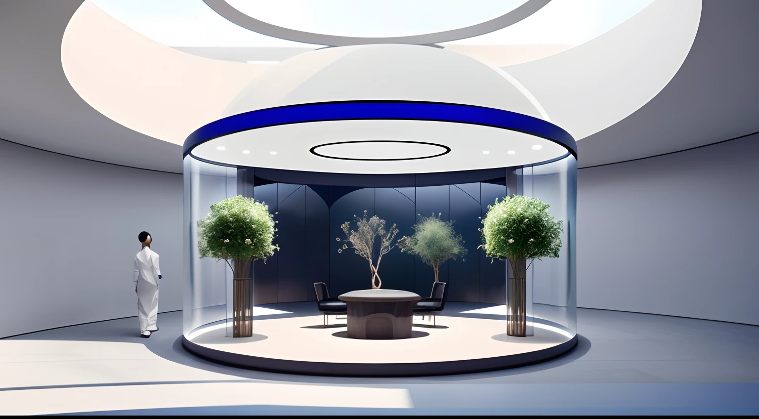 Enclosed indoor space, Bai,Lawn and flowers,, High-end pension industry exhibition hall, High-tech exhibition hall of health care industry, Nature meets technology, The indoor forest integrates a variety of high-tech display equipment and interactive platforms, There are many LED displays between green plants and flowers, Holographic devices and digital humans, An old Chinese strolling through it, nature harmony,big breasts beautiful, Harmonious immersive exhibition experience center, There is a transparent cylinder in the middle of the space, Show beautiful Chinese girl holographic transparent image,The space has 2 anthropomorphic service robots, and various data and UI interfaces,There are some lounge seats with artistic designs,There is an interactive interactive console,