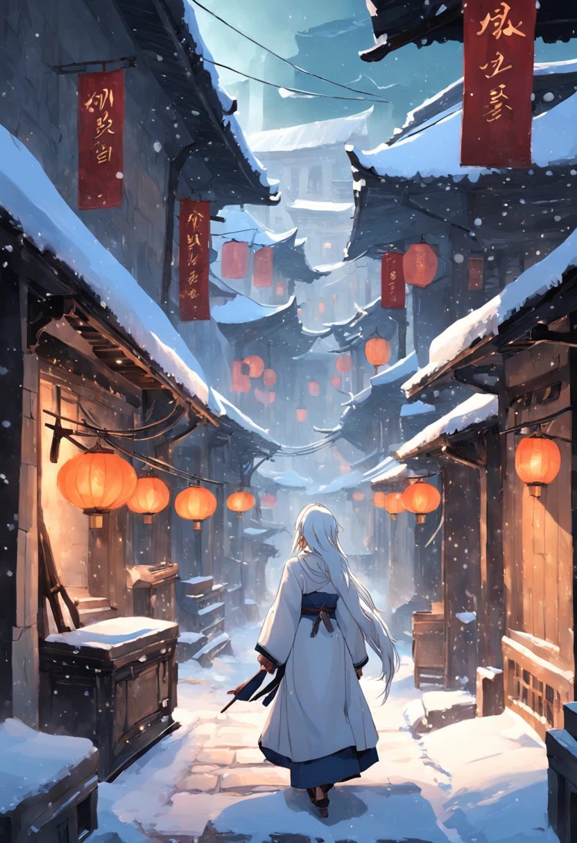 Heavy snow,A white-clothed scholar walks the streets of the ancient city