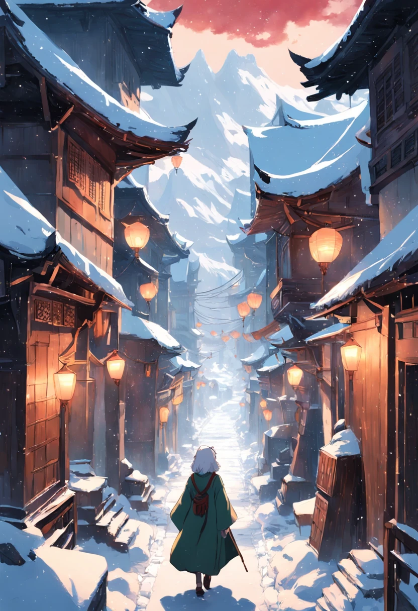 Heavy snow,A white-clothed scholar walks the streets of the ancient city