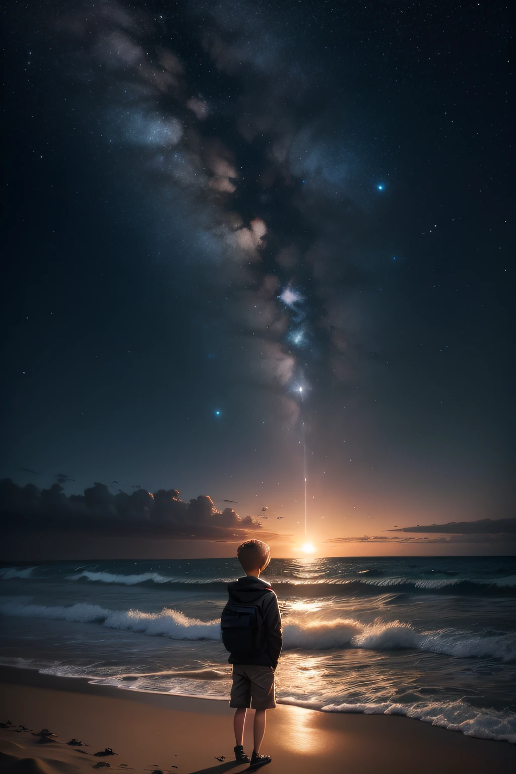 starrysky,the sea,sandbeach,The river flows into the sea,Short hair boy silhouette,squatt