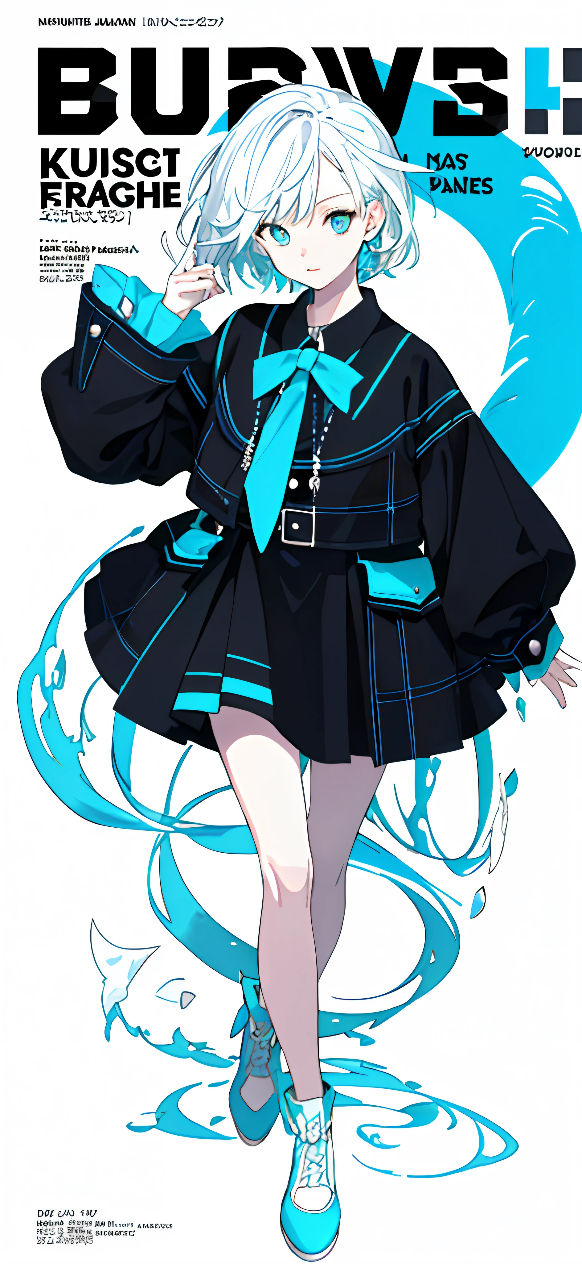 masterpiece,(best quality),(1girl) ,solo,(high contrast:1.2),(high saturation:1.2), ((hands on the pocket)),((black and white sdress)),looking at viewer,((white and light blue theme:1.3)),((white and light blue background:1.5)),white hair,blue eyes,((walking:1.3)),full body,black footwear,((the light blue water on sky and white cloud and day)),((from above:1.2)),
(magazine:1.3), (cover-style:1.3), fashionable, woman, vibrant, outfit, posing, front, colorful, dynamic, background, elements, confident, expression, holding, statement, accessory, majestic, coiled, around, touch, scene, text, cover, bold, attention-grabbing, title, stylish, font, catchy, headline, larger, striking, modern, trendy, focus, fashion,