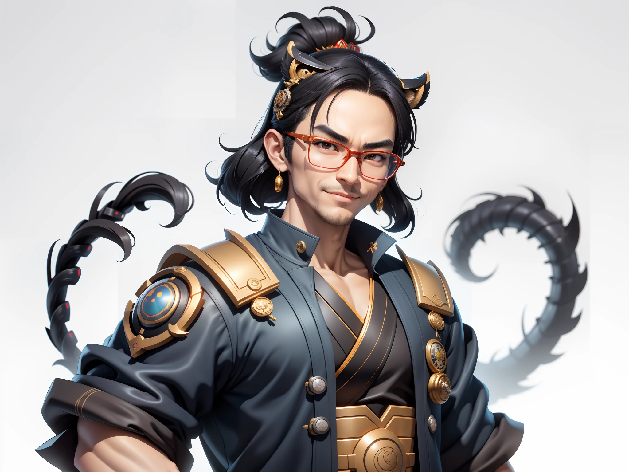 (Masterpiece), (Excellent), (Super Meticulous), (Full Body: 1.2), Super Young Man with Japanese Female Geisha, Pretty, Beautiful, Chinese Dragon, Tiger, Wind God Thor, Sexy, Bursting, Oriental Face, TV Anchor, Bust Portrait Illustration, Black Suit, Blue Tie, Slightly Chubby Face, Silver Glasses, Very Clean Face, No Beard on Chin, Black Super Short Hair, Black Eyes, Confident Smile, 3c Computer Sub-Products, iPad, iPhone, Digital Painting, 3D character design by Mark Clairedon and Pixar and Hayao Miyazaki and Akira Toriyama, the illustrations are HD illustrations in 4K resolution with highly detailed facial features and cartoon-style visuals.