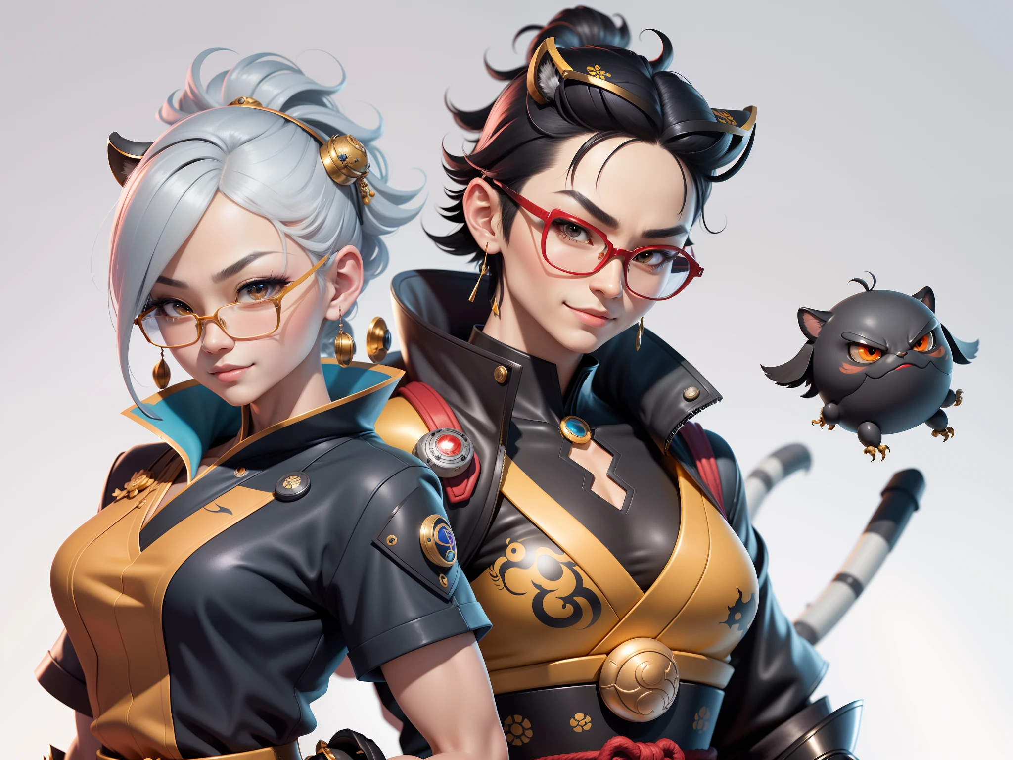 (Masterpiece), (Excellent), (Super Meticulous), (Full Body: 1.2), Super Young Man with Japanese Female Geisha, Pretty, Beautiful, Chinese Dragon, Tiger, Wind God Thor, Sexy, Bursting, Oriental Face, TV Anchor, Bust Portrait Illustration, Black Suit, Blue Tie, Slightly Chubby Face, Silver Glasses, Very Clean Face, No Beard on Chin, Black Super Short Hair, Black Eyes, Confident Smile, 3c Computer Sub-Products, iPad, iPhone, Digital Painting, 3D character design by Mark Clairedon and Pixar and Hayao Miyazaki and Akira Toriyama, the illustrations are HD illustrations in 4K resolution with highly detailed facial features and cartoon-style visuals.