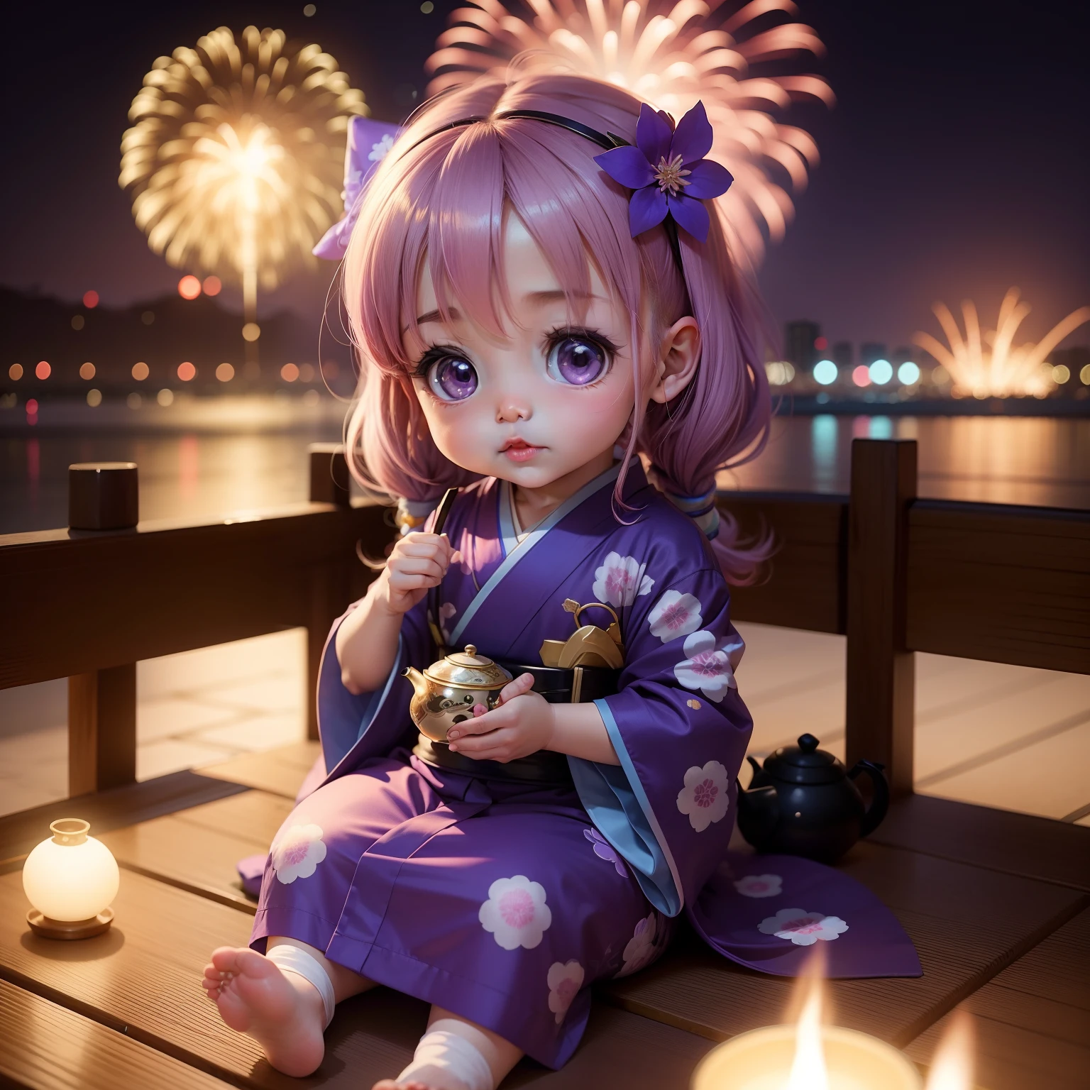 Cute Baby Chibi Anime,Purple and blue kimono,Sit in a cute teapot, Ras Al Khaimah New Year's Eve fireworks display