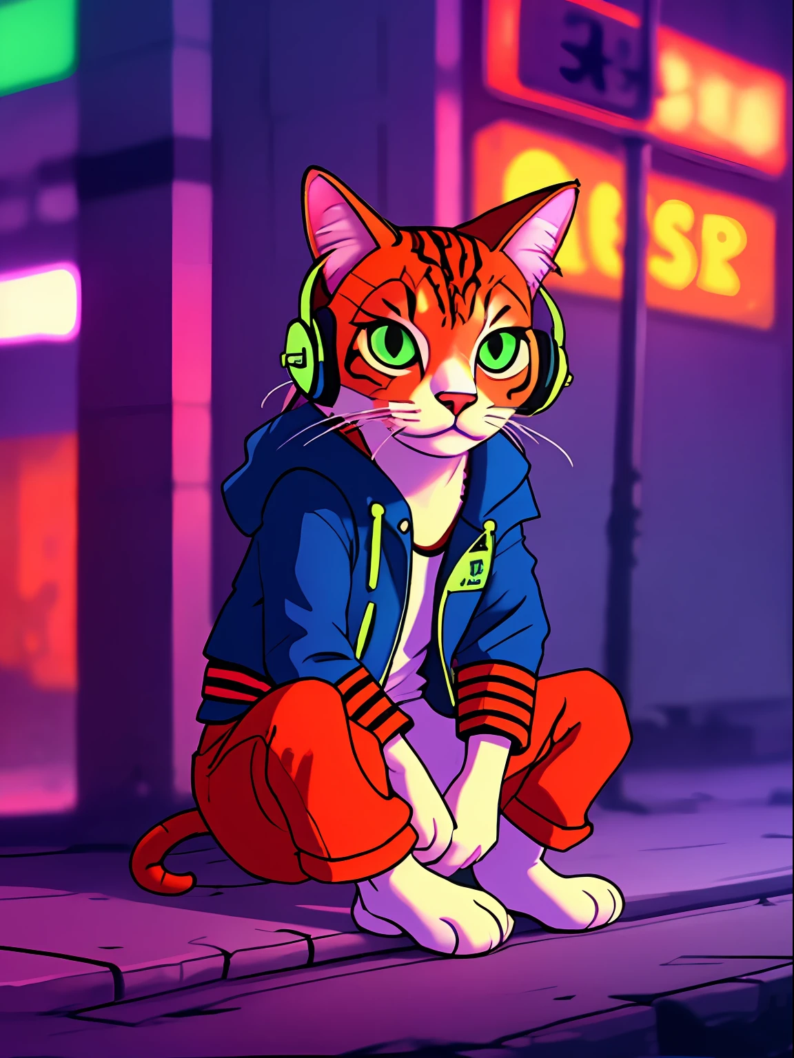 An anthropomorphic cat with headphones and a jacket is sitting in the middle of a road, Cyberpunk and post-Soviet modernism-themed style. Close view, neon lights., Arte Pop, Pixar, Three-sided view, UHD, anatomicamente correto, pele texturizada, super detalhe, alta qualidade, 4k