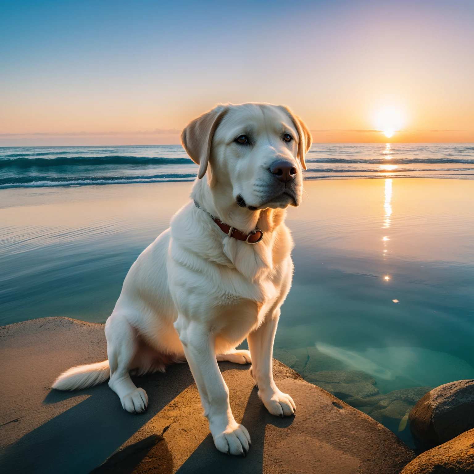 Labrador dog in crystal clear water sunset super realistic photo 4k