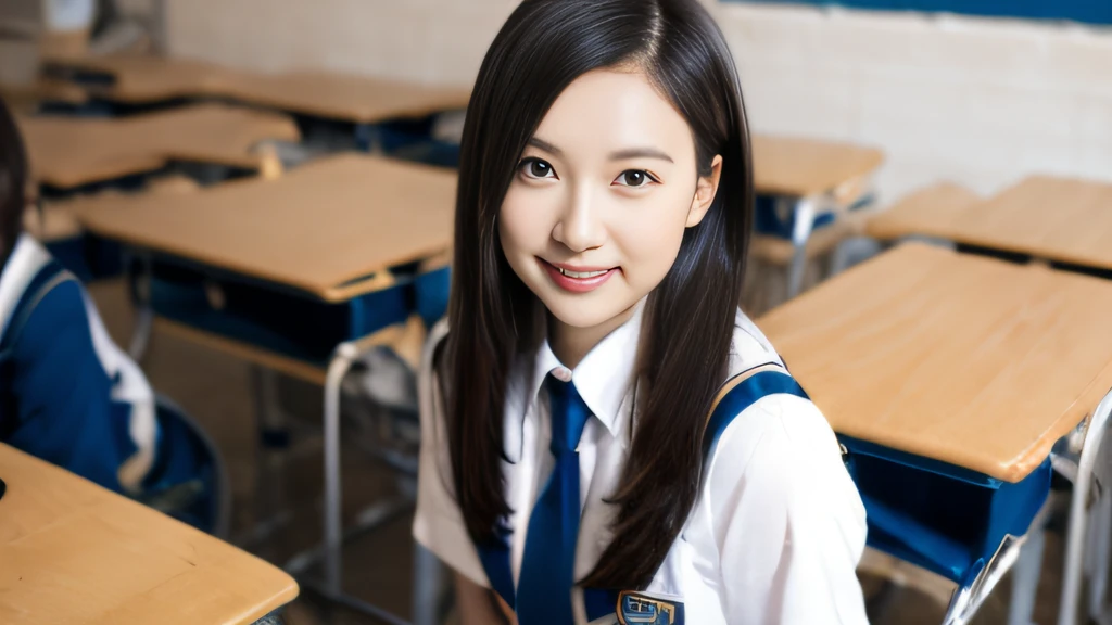 Black short-wave hair、White Skin Skin、chineseidol、年轻、Thick eyebrows、Black eyes、biting lip、smile in face、pink uniform、Gold tie、(1 female student)、In the school classroom、sit on chair、Slim eyebrows、Brown hairpins、hentail realism、8K、tmasterpiece、A high resolution、、anatomically correcte、、from above view、32K quality
