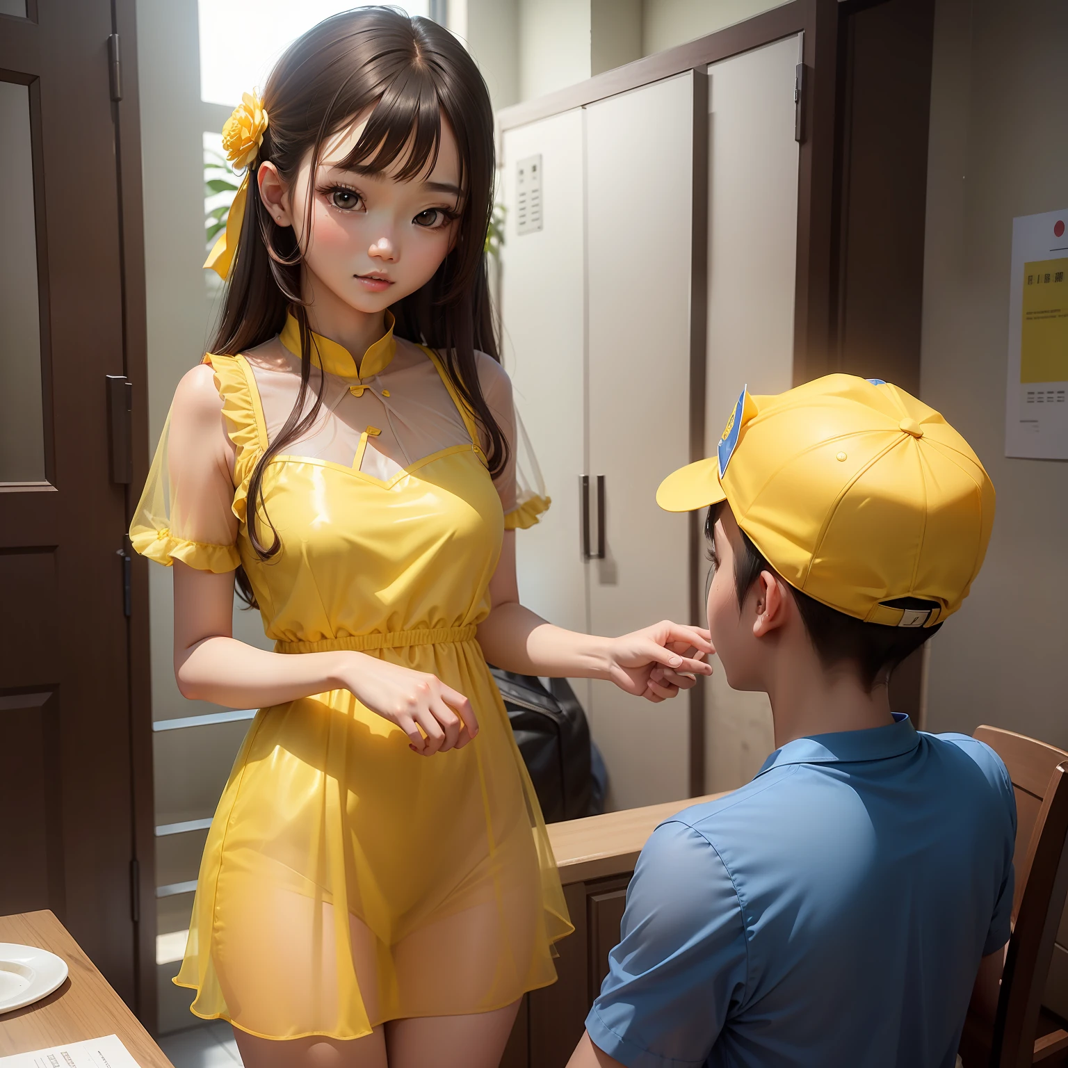 Cute girl Tingting in a yellow transparent dress,is flirting with Xiaowei, Gentle handsome guy in a blue shirt