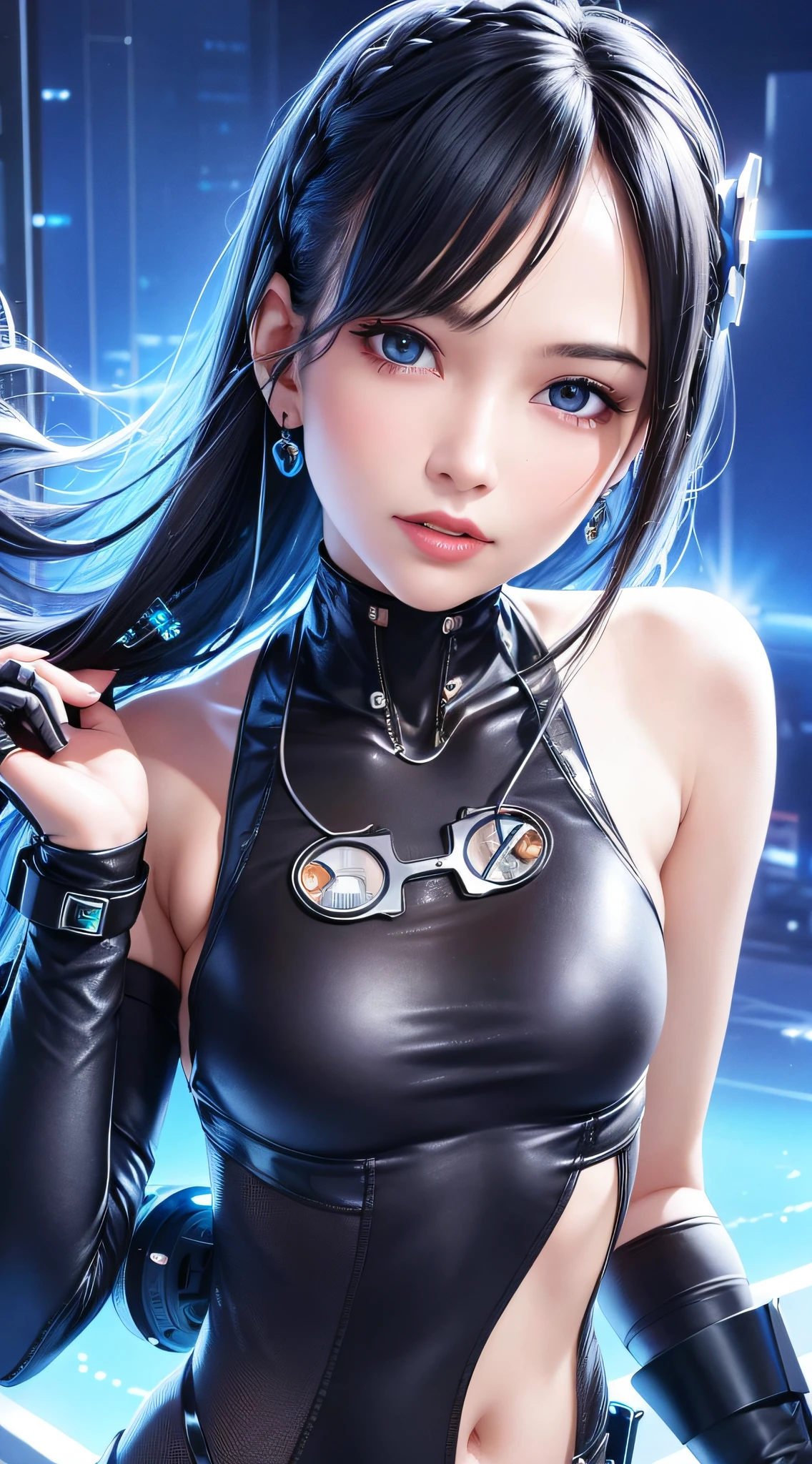 (best quality:1.0), (ultra highres:1.0), 1 girl, detailed beautiful skin, (kind smile:1.0), solo, (masterpiece:1.0), (best quality:1.4), (ultra highres:1.2), (photorealistic:1.4), 8k resolution, Canon EOS R5, 50mm, absurdres, ultra detailed, sharp focus, cinematic lighting, detailed beautiful face, petite figure, detailed skin texture, pale skin, thigh gap, detailed hair, random hair style, perfect eyes, detailed eyes, (glistening skin1.15), ((portrait photo)), hair accessories, ear rings, futuristic, complex background, cyberpunk city street, night, cyborg, robotic parts, futuristic weapons and accessories, ray lighting, backlighting, closeup photo, blue tone background
