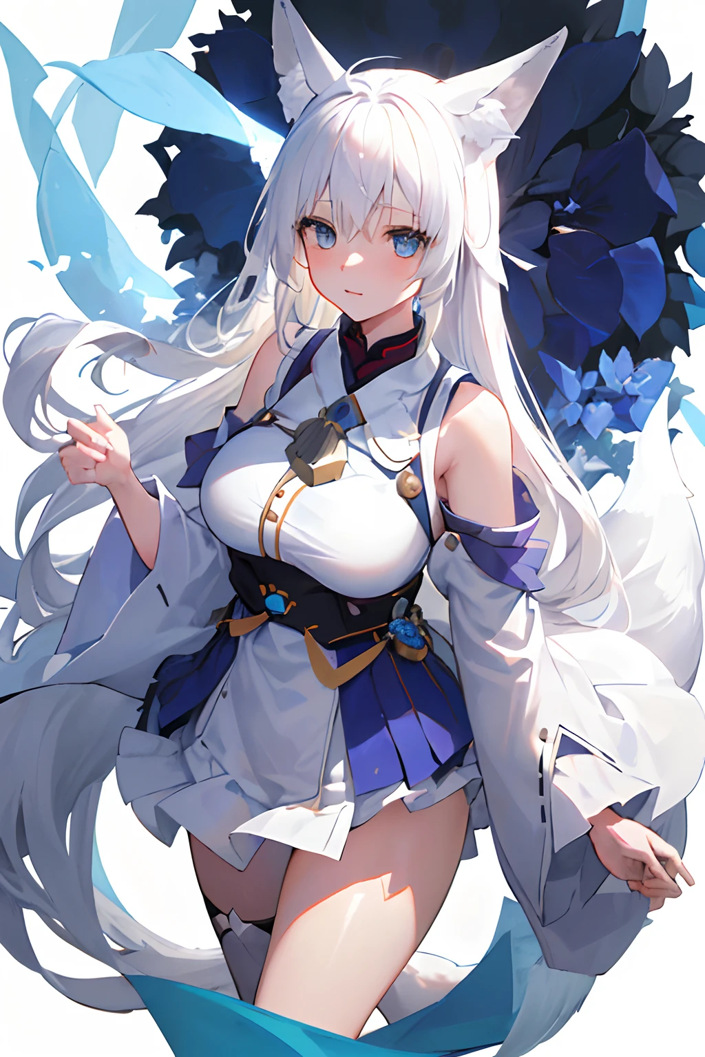 (finely detailed beautiful eyes and detailed face,masterpiece sidelighting,Masterpiece,Best quality,Detailed,high-resolution illustrations),
(1girll,Whole body,a beauty girl,Glossy glossy skin,Looking down,view the viewer),
(White_Background:2.0),
(White hair, Layered_komono,komono_pull,Layered_komono,Large breasts, cropped shoulders,Long hair,Blue eyes:1.5),(white fox ears,White fox tail:1.5),blueflower,