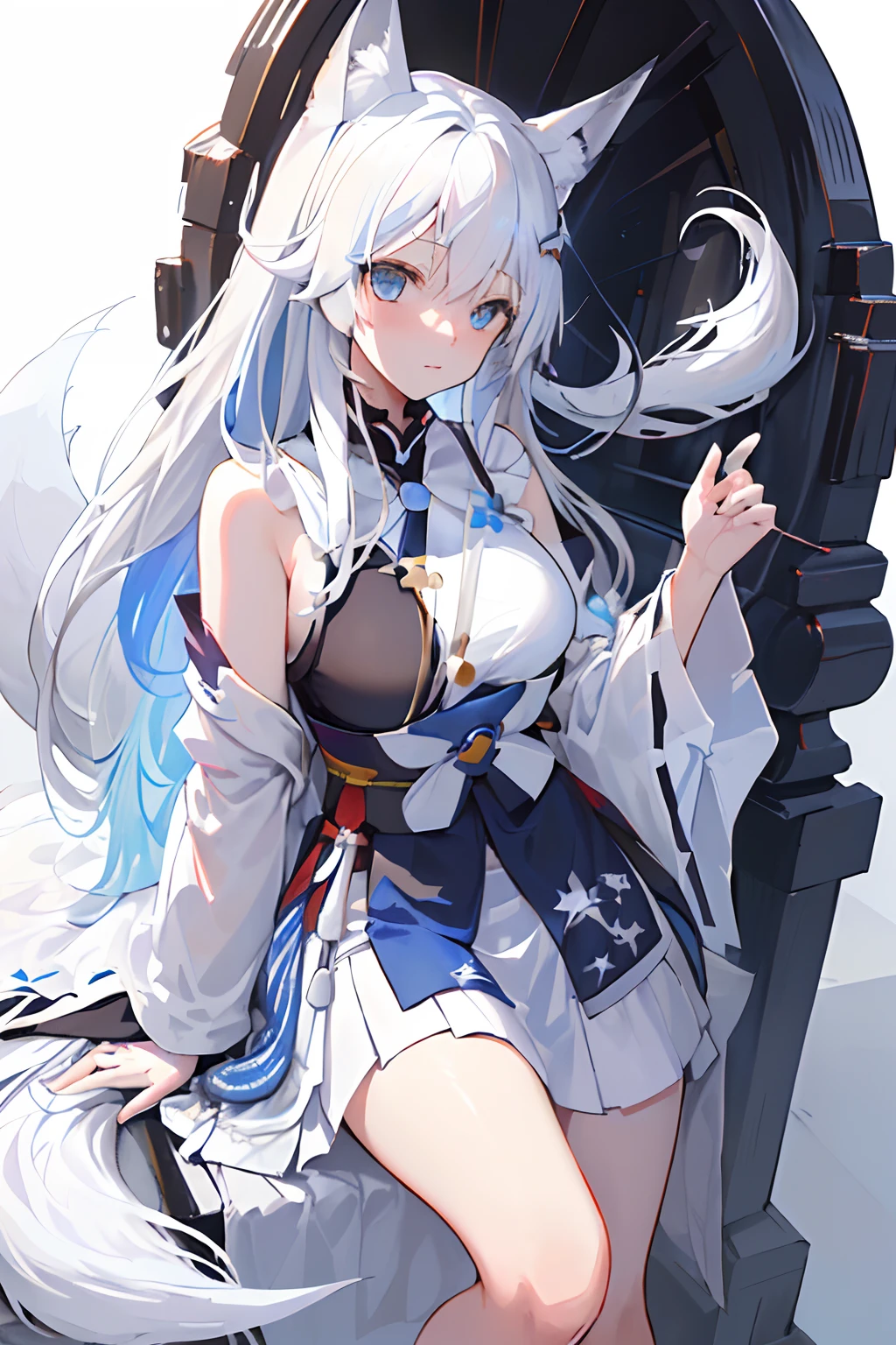 (finely detailed beautiful eyes and detailed face,masterpiece sidelighting,Masterpiece,Best quality,Detailed,high-resolution illustrations),
(1girll,Whole body,a beauty girl,Glossy glossy skin,Looking down,view the viewer),
(White_Background:2.0),
(White hair, Layered_komono,komono_pull,Layered_komono,Large breasts, cropped shoulders,Long hair,Blue eyes:1.5),(white fox ears,White fox tail:1.5),blueflower,