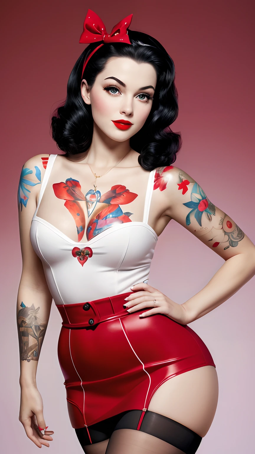 Detailed and lifelike depictions of Snow White, radiating a distinct pin-up style. Dressed in miniskirts, stockings, and heels, their attire reflects the iconic colors of their traditional outfits, ensuring they're instantly recognizable as their respective characters. While classic features are present, the pin-up flair is undeniable. Artful tattoos add a contemporary touch. Their postures and expressions, combined with their pin-up attire, create a fusion of classic Disney and vintage allure.
