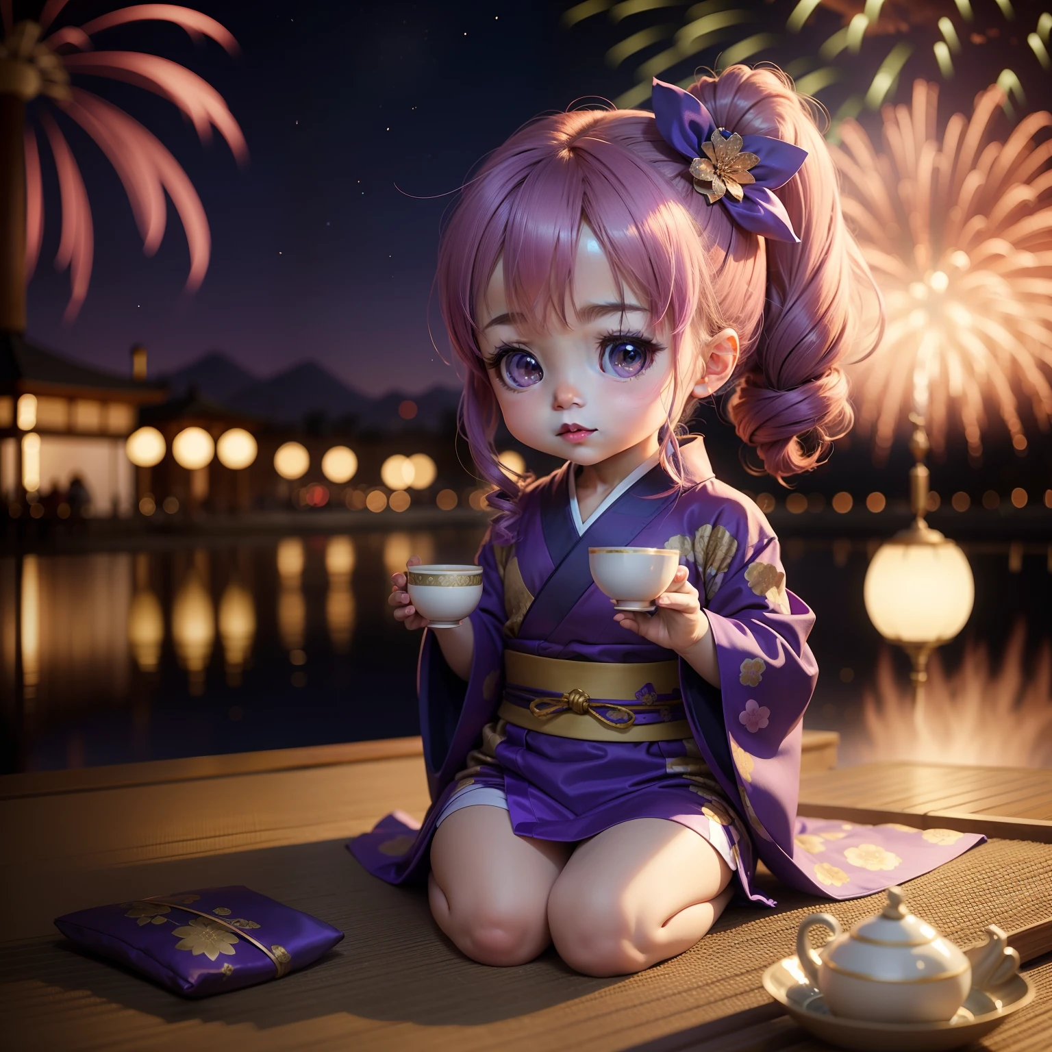 Cute Baby Chibi Anime,Purple and blue kimono,Sit in a cute teacup, Ras Al Khaimah New Year's Eve fireworks display