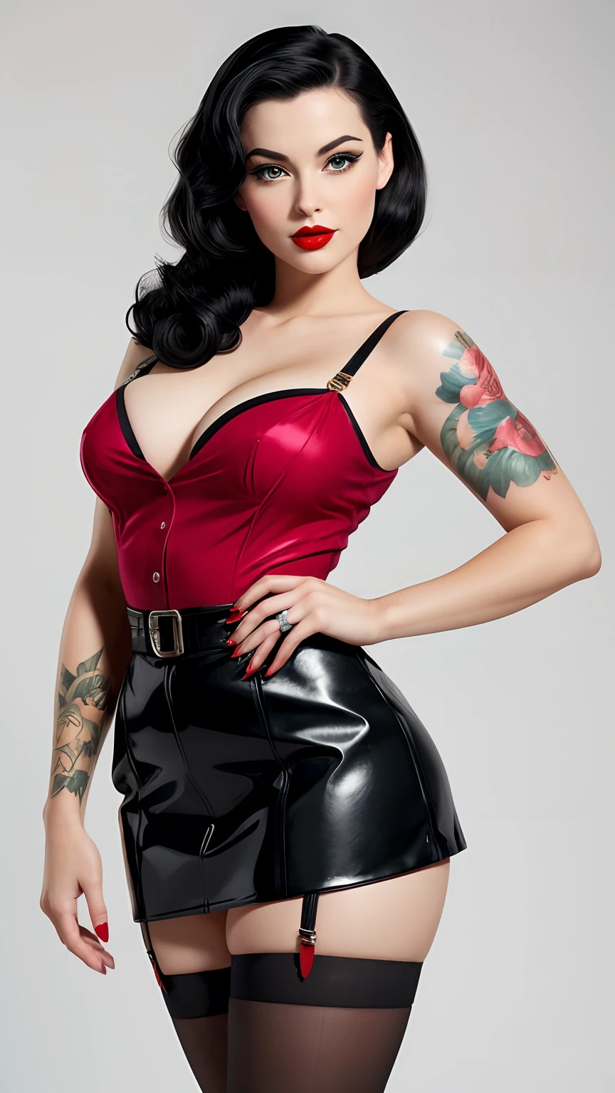 Detailed and lifelike depictions of Snow White, radiating a distinct pin-up style. Dressed in miniskirts, stockings, and heels, their attire reflects the iconic colors of their traditional outfits, ensuring they're instantly recognizable as their respective characters. While classic features are present, the pin-up flair is undeniable. Artful tattoos add a contemporary touch. Their postures and expressions, combined with their pin-up attire, create a fusion of classic Disney and vintage allure.