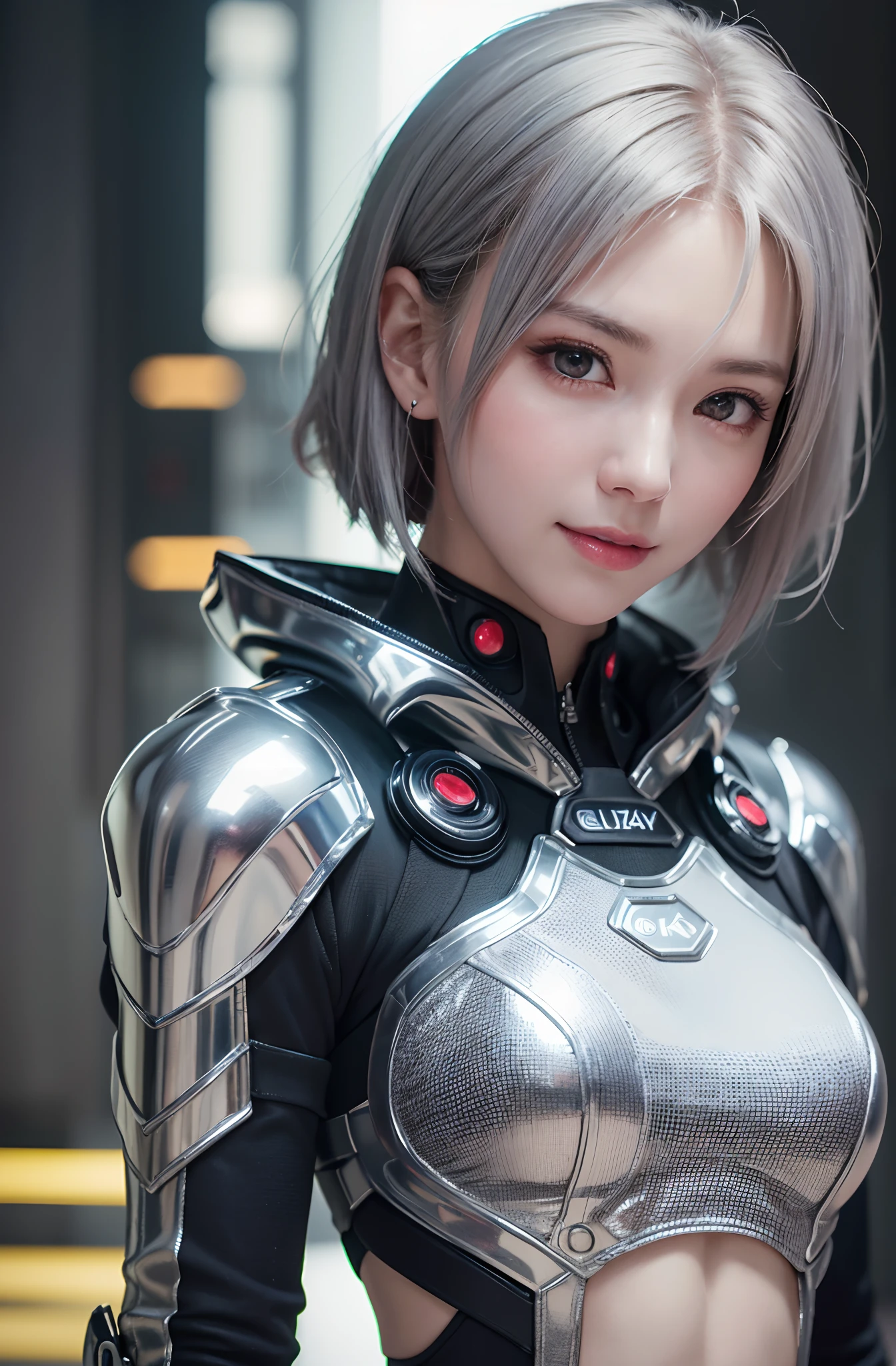 (8k, photorealistic, RAW photo, top quality: 1.4), (1girl), super beautiful, (realistic face), (boyish, silver-colored berry short hair), beautiful cyberpunk suit, glares seducing viewer, beautiful expression, beautiful breasts, (realistic skin), beautiful smile, (soldier), attractive, ultra high resolution, ultra realistic, high definition, spoiled
