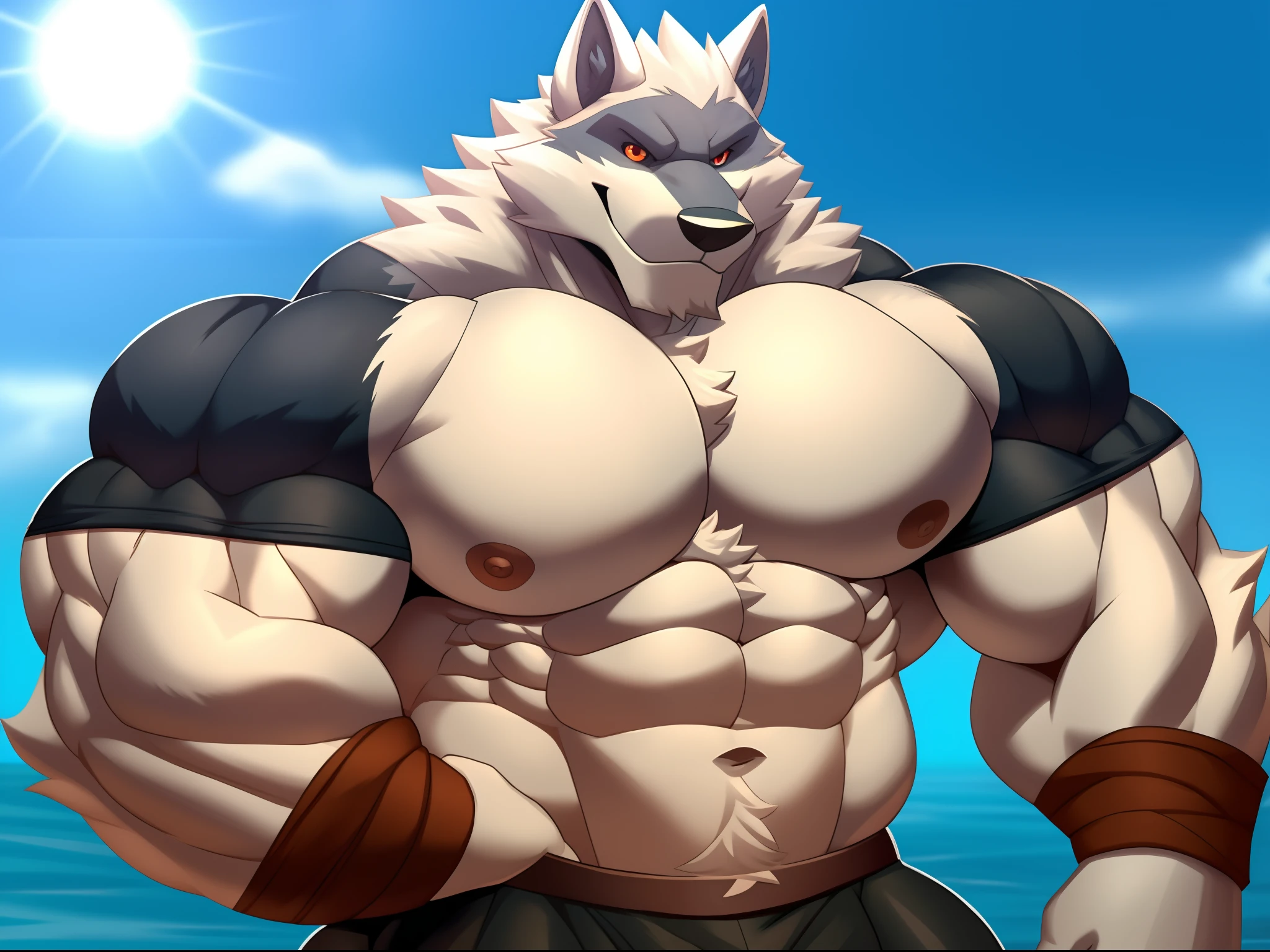 imagem de estilo de um homem com um corpo semelhante a um lobo e uma camisa, lobisomem musculoso, peito fofo, musculoso! Branco, peito peludo, super buff e cool, Commission for High Res, lobo peludo, thick furry neck and fluff on his chest, corpo peludo, Arte peluda!!!, forte e imponente, thicc, musculoso!!!, corpo fofo, big muscle, large muscles