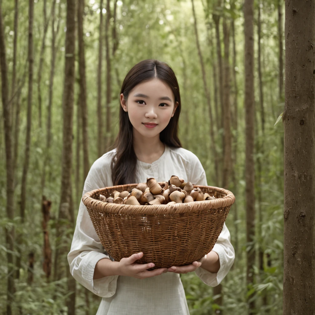 (professional 3d render:1.3) af (Realistic:1.3) forest setting,Back bamboo basket,Beautiful girl,Hmong girl,The bamboo basket is filled with mushrooms,There are scattered mushrooms on the ground,The light is beautiful,Smile sweetly,Back basket,Picking mushrooms