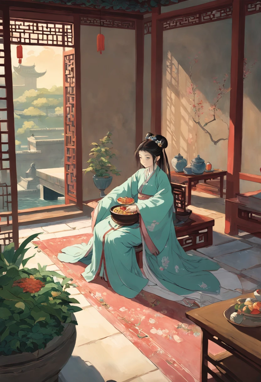 Song dynasty,midsummer,In the courtyard of a wealthy family,A white-clothed scholar lay on a lounge chair in the courtyard,There are also a few maids waiting beside him,There are also fruits on the table next to it,desserts。