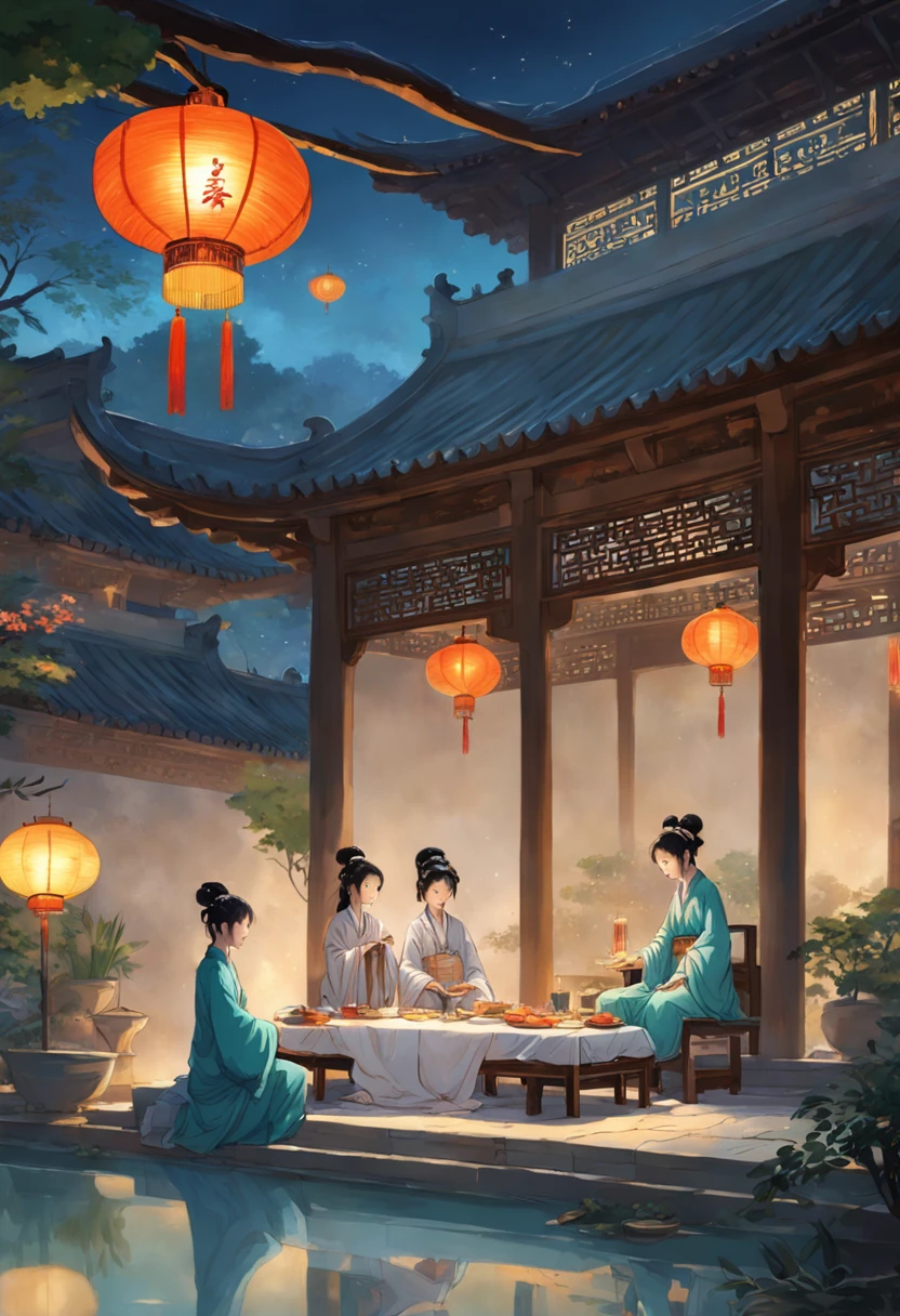 Song dynasty，midsummer，In the courtyard of a wealthy family，A white-clothed scholar lay on a lounge chair in the courtyard，There are also a few maids waiting beside him，There are also fruits on the table next to it，desserts。