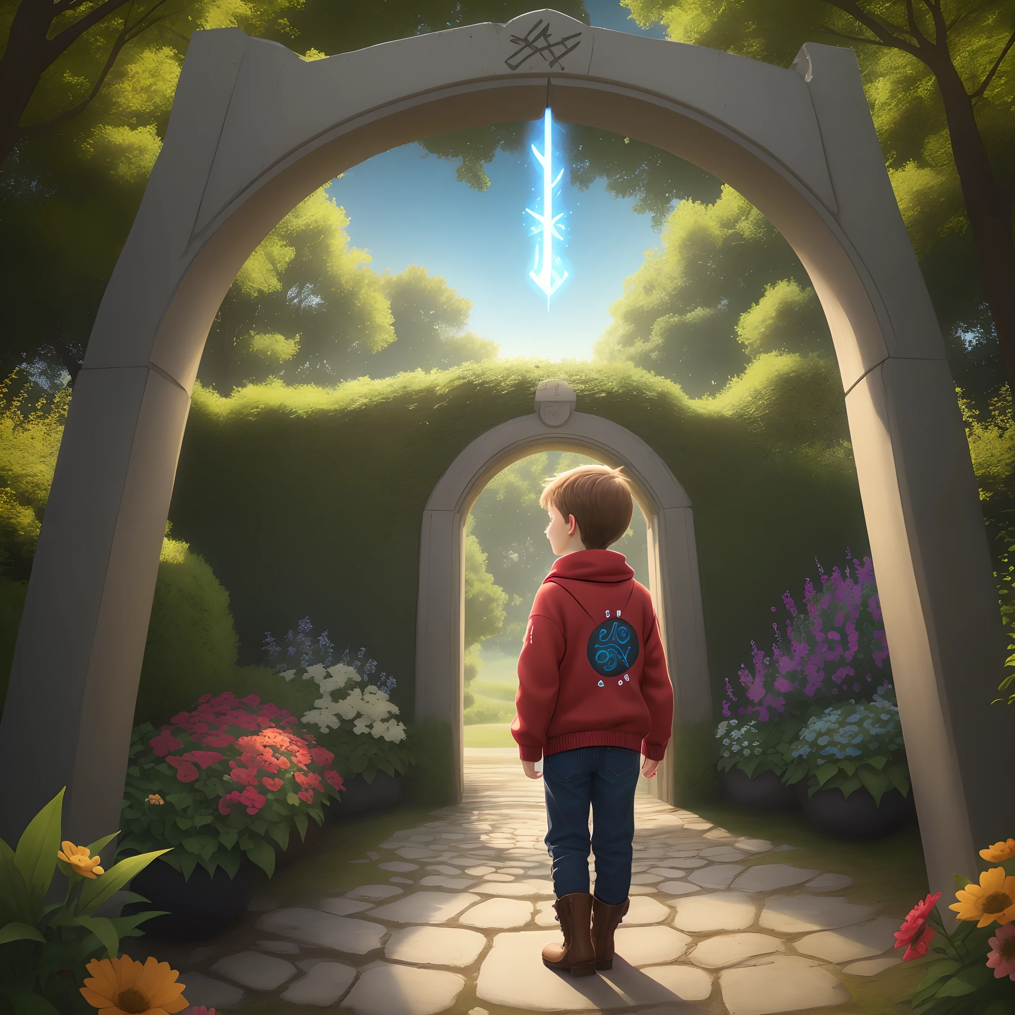 A Magic portal appears between the trees and glows brightly. The portal has ancient runes on its surface. In the background a garden with colorful flowers and leafy trees. In the foreground and looking back at the portal, there is an 8--old  wearing a sweater, boots, and pants, along with his Golden Retriever dog, the same height as the boy, wearing a red collar.