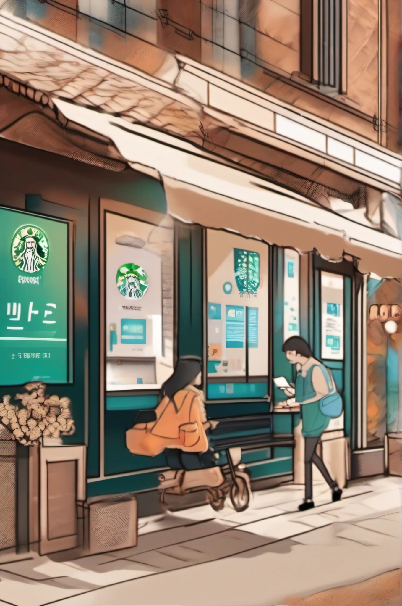 A partnership between Alipay and Starbucks,Promotional posters in promotions,The payment scenario is shown,The screen is set in a coffee shop or on the street,Ultra-clear image quality,Emphasize the presentation of the Alipay logo,and a close-up scene of scanning the code to pay。