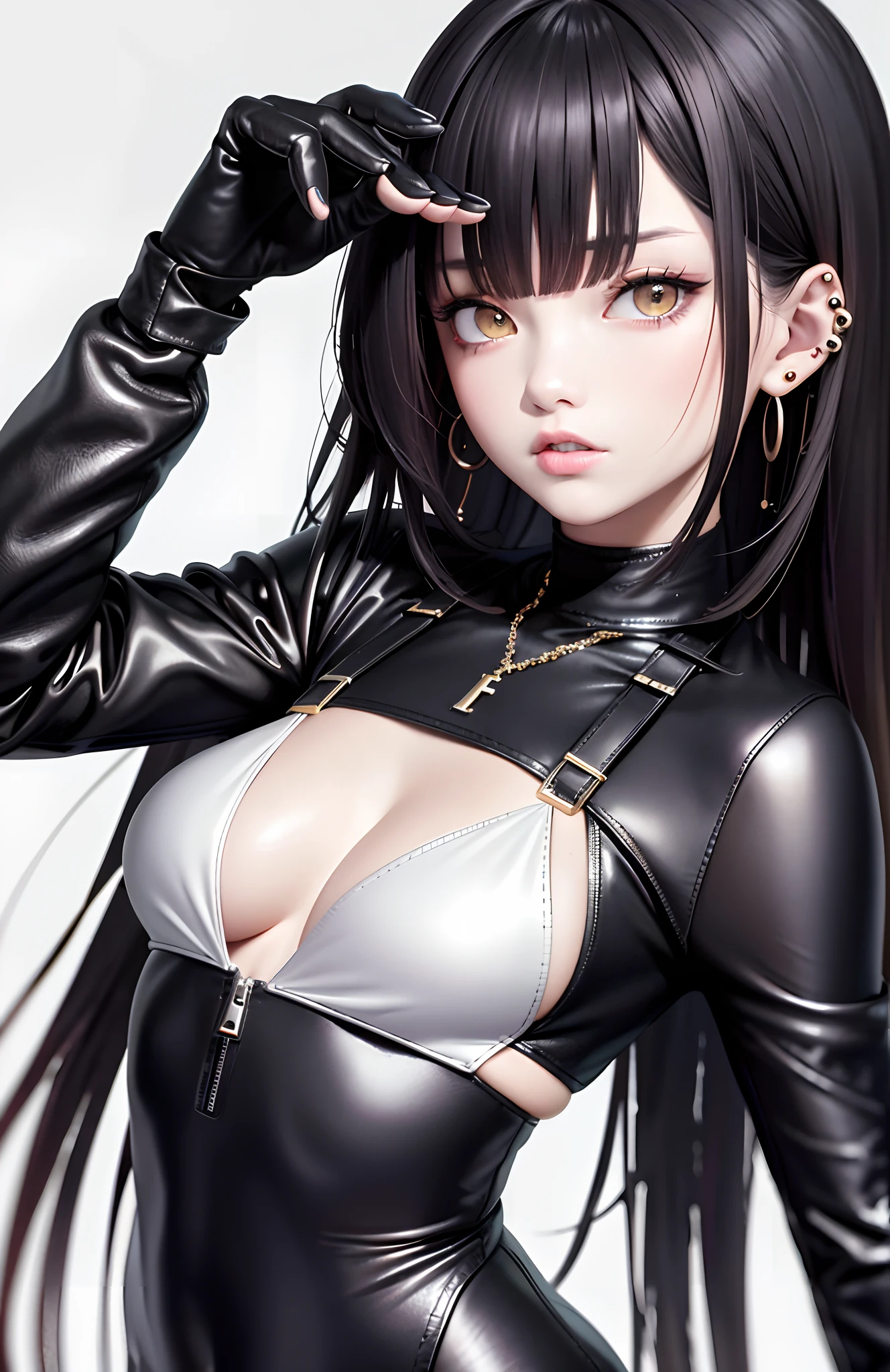 optimum,tmasterpiece,A high resolution,best qualtiy,hyper HD,super detailing,Award-Awarded,16k,独奏,((The upper part of the body)),((Bust)),??????? correct,Beautiful cyberpunk girl,cute face,,Gradient Beige Hair,Hairline,((Dark golden eyes)),long eyelasher,Hanging eye corners,White skin of the,(small boobs),(Slim body),((Women's extra short shawl leather jacket)),((goth style,racing_suit)),(()),ear studs,(Neck strap),(Laser material clothing:1.2)