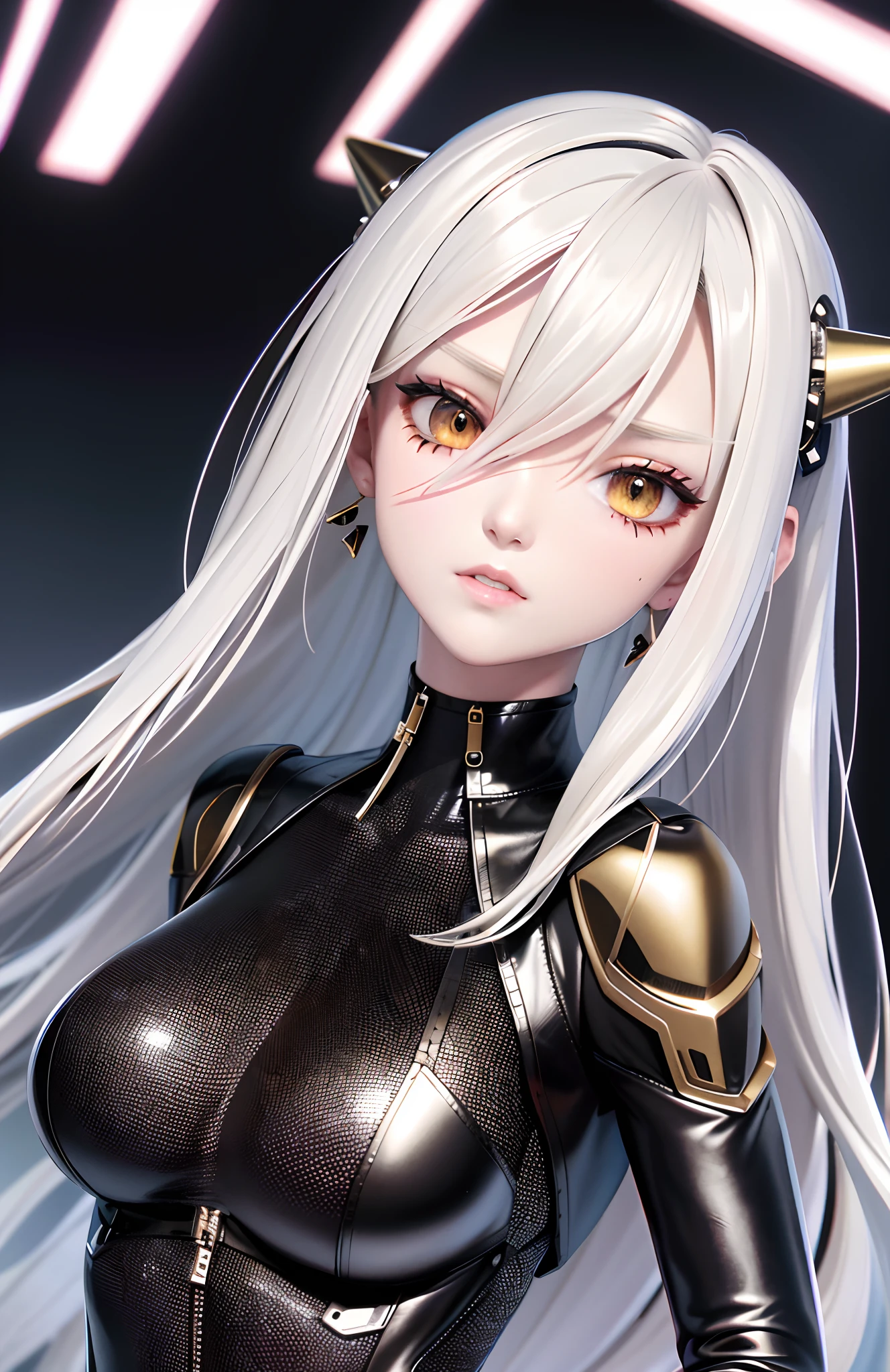 optimum，tmasterpiece，A high resolution，best qualtiy，hyper HD，super detailing，Award-Awarded，16k，独奏，（（The upper part of the body）），（（Bust）），anatomy correct，Beautiful cyberpunk girl，cute  face，，Gradient Beige Hair，Hairline，（（Dark golden eyes）），long eyelasher，Hanging eye corners，White skin of the，（small boobs），（Slim body），（（Women's extra short shawl leather jacket）），（（goth style，racing_suit）），（（）），ear studs，（Neck strap），（Laser material clothing：1.2）