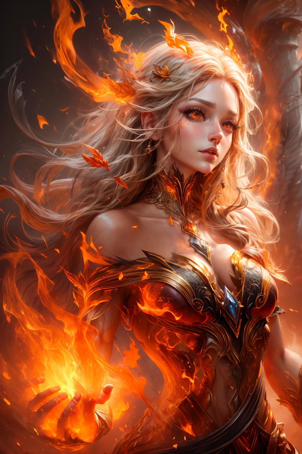 This is a realistic fantasy artwork prominently featuring realistic fire, including wisps of flames, glowing hot embers, subtle curls of smoke, and a beautiful fire druid. The druid stands in the midst of a raging inferno with an interesting composition. Her face is expertly sculpted, with elegant and refined features and perfect shading and realistic skin texture. Her (orange and gold eyes) are stunning and are the focal point of this image. (Her eyes extremely detailed, beautiful detailed eyes, and macro). Her eyes feature intricate detailing with clearly defined irises and bright sclera. Her soft lips are smooth and very puffy, and her skin is adorned with a light flush and ornate fire detailing. Her long gown is stunning and expensive, and is made of pure flames and glittering, ornate jewels that glimmer in the fire light. Her billowing gown glitters from the flames and features a delicately and intricately embroidered bodice with wisps of flames running across it. Include fantasy elements like bumps, stones, fiery iridescence, glowing embers, silk, and an interesting background. Include fiery magical creatures such as fiery birds and fiery butterflies that give off a magical and mystical aura. Lighting: Utilize the latest trends in lighting to enhance the artwork's beauty. Camera: Utilize dynamic composition to create a sense of urgency and excitement. Take inspiration from the current masters of the fantasy genre, including trending artists on Artstation and Midjourney. ((masterpiece))