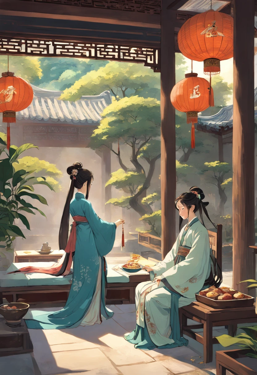 Song dynasty，midsummer，In the courtyard of a wealthy family，A white-clothed scholar lay on a lounge chair in the courtyard，There are also a few maids waiting beside him，There are also fruits on the table next to it，desserts。