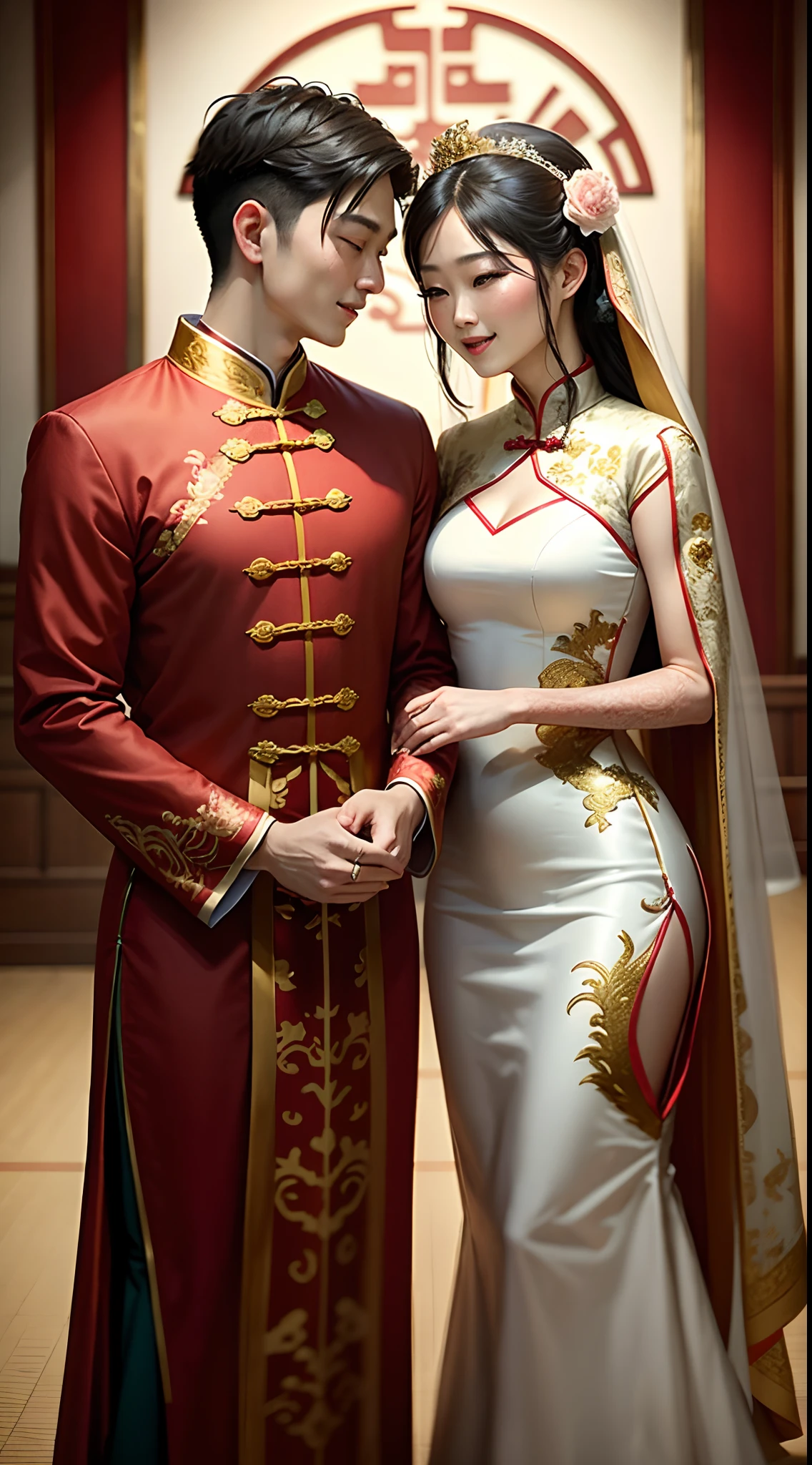 （wide wide shot），（Best quality: 1.1), (Realistic: 1.1), (Wedding: 1.1), (highly details: 1.1), （Two people get married），（A woman wearing a red and gold cheongsam and a golden crown）, （ A man dressed in ancient Chinese Han costume）, （looking at eachother，Laughing），In the matrimonial room，a chinese wedding。