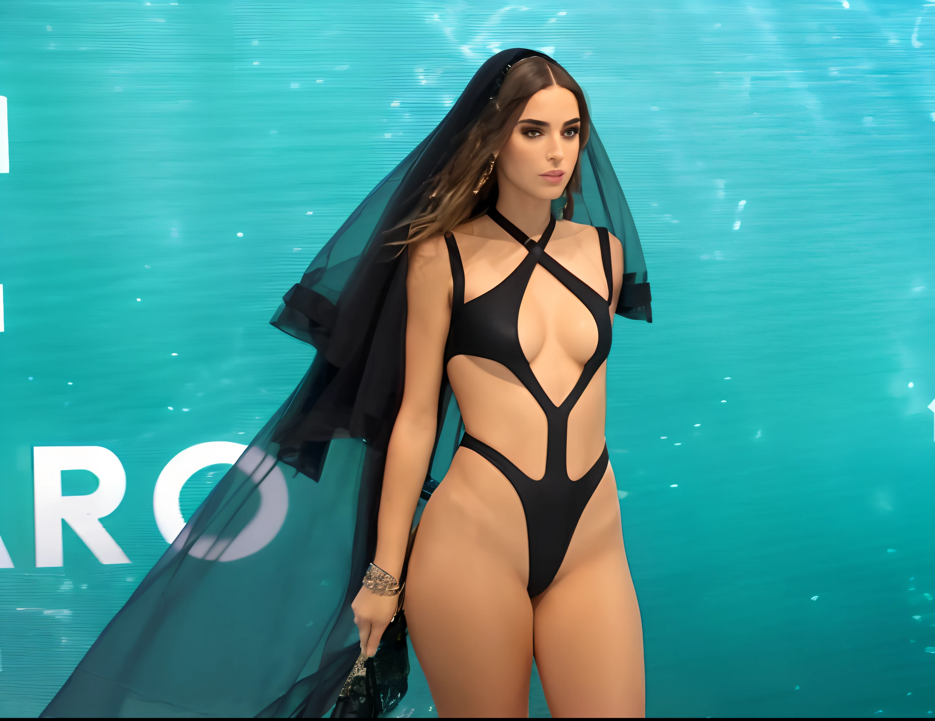 a woman in a black bikini and veil walks down a runway, monokini, swimsuit model, bikini model, black swimsuit, is wearing a swimsuit, wearing leather swim suite, brazilan supermodel, gorgeous bikini model, swimsuit, wet swimsuit, black bikini, wearing a black bodysuit, bella poarch, beautiful model, futuristic fashion show, bodysuit, young swimsuit model