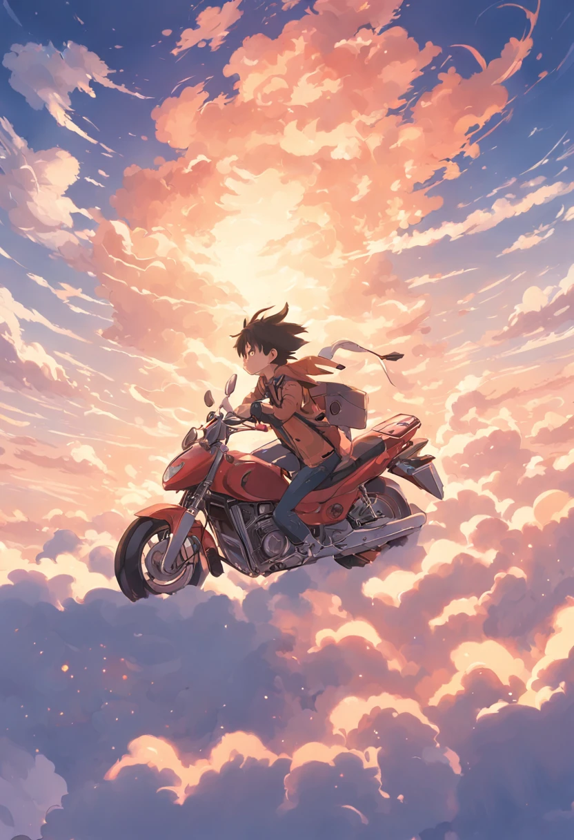 I appeared in the lower right corner of the screen and shot the sky unilaterally on the roof。Sunset background，Dragons formed by thick clouds，Riding a motorcycle made of clouds, I came towards me。The dragon motorcycle made of clouds is huge，Accounts for 60%Sky frame。Bright colors，Makoto Shinkai painting style，There is wind。