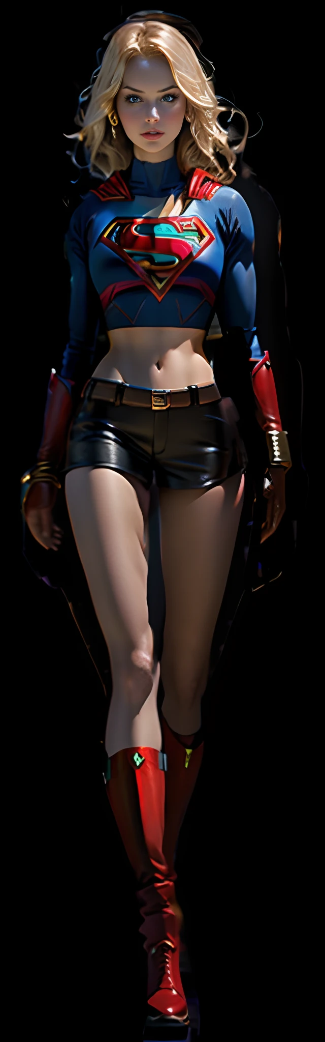 A woman walks in front of a black background,She's Supergirl,Supergirl portrait,blonde with blue eyes,a toned abdomen,Wear Superman leather shorts,Supergirl image,delicated,tmasterpiece,Impeccable,Ultra high quality,Large rendering,