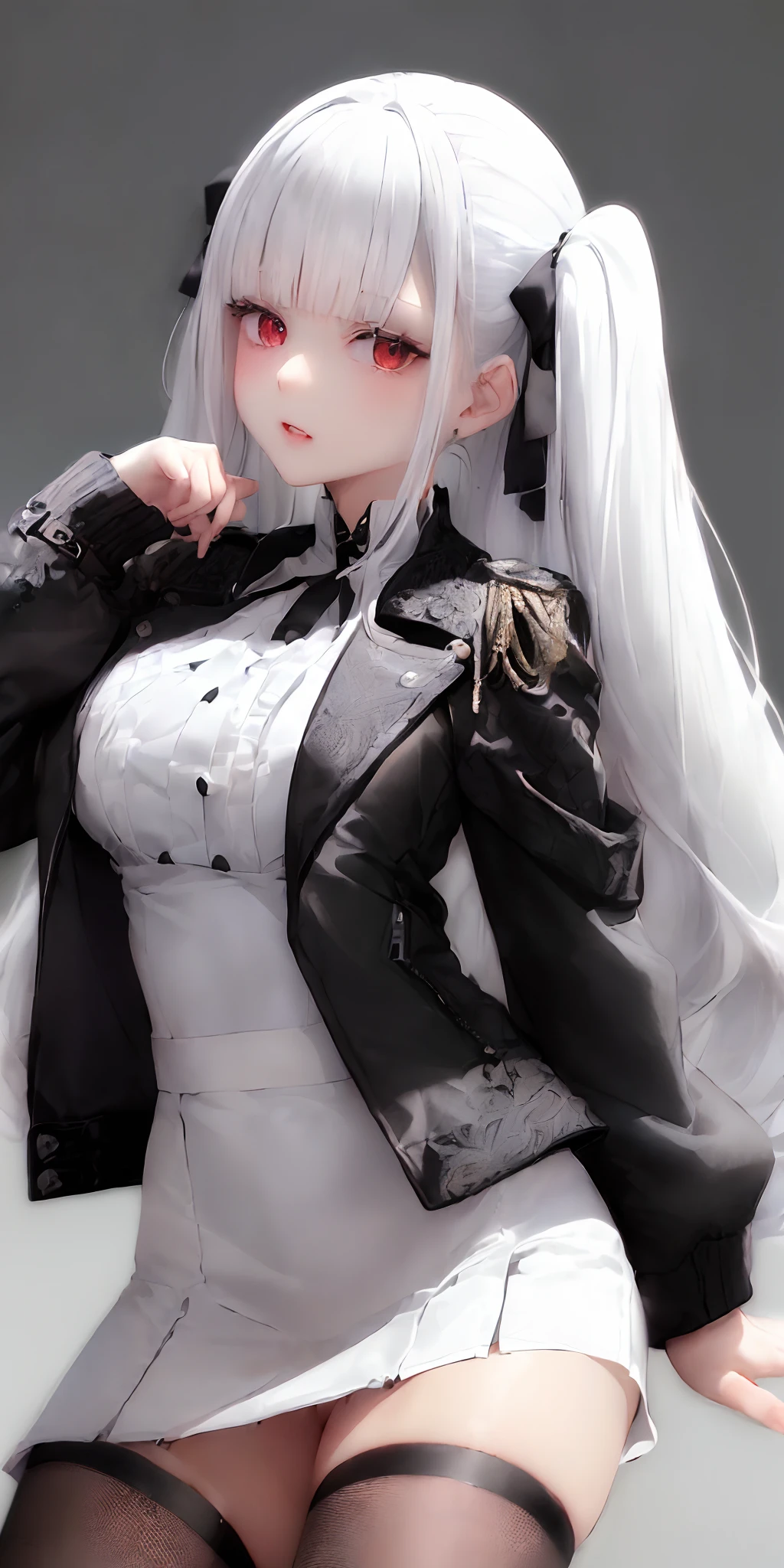 [monochromes:Subdued Color:0.6] theme, (masutepiece), (Best Quality), , Light Layer, Lustrous skin, (intricate-detail , taut clothes, ),  White hair, Long hair, hime-cut, Blunt bangs, side locks, Curly twin tails and quirky hair、Red Eyes, ,, (maturefemale:1.1),    (Simple background:1.1),(((((White blouses、tight skirts、Black Riders Jacket)))))、frontage、low angles、Front Angle、symmetry、large boob、Thick lip、Lustrous lips、
