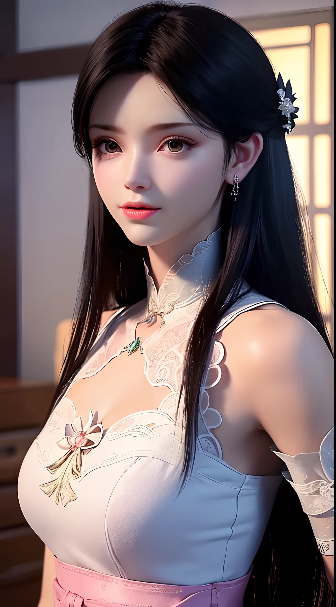 1 beautiful girl wearing ancient costumes, ((pink and light white outfit: 0.8)), Long and silky black hair, hair jewelry and necklaces, Beautiful little face Thin eyebrows, the most beautiful and spotless face, the very beautiful eyes, big round black eyes, fine and detailed makeup eyelashes, High nose, wearing earrings,Small red lips, rosy face, Enlarged and round breasts, tight breasts, breast augmentation,Slim and petite body, Portrait of a beautiful girl, 8k photo, super high quality, super realistic, 10x super pixels, photo realistic, dark studio, border light, two tone light, (detailed skin) high: 1.2), 8k uhd, dslr, soft light, high quality, volumetric light, candid, Photo, high resolution, 4k quality, 8k, Bokeh, Smooth and sharp, pixel up 10 times, (background space: 1.8), (galaxy: 1.7), aurora, lightning, (Aurora Background: 1.8), upper body,