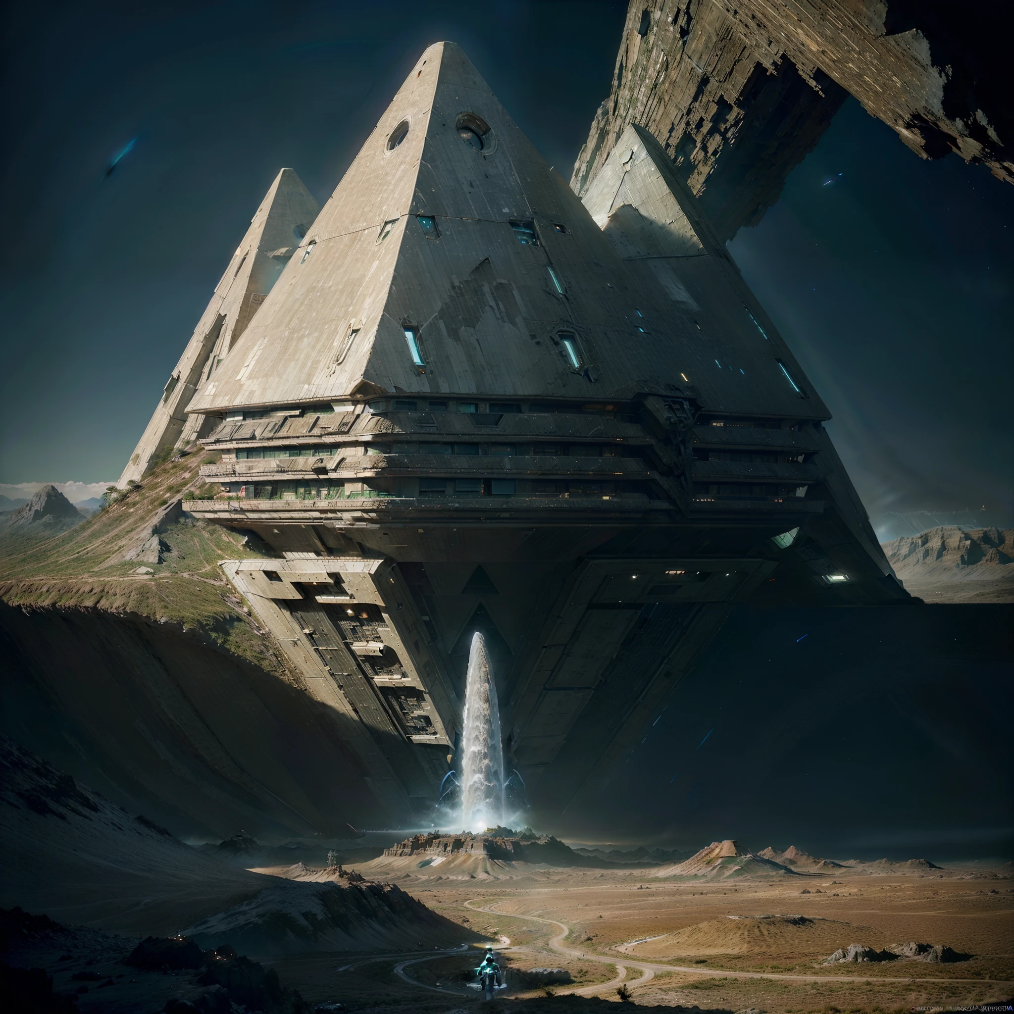 Face of advanced generation astronaut in cyborg uniform on his whole body on his back in the futuristic epochal post-apocalyptic city, Triangular shaped buildings only, sky color of the cosmos, nature covering buildings with green nature renaissance, Sci-Fi, visionary art, grande lua cheia, realismo, obra prima, ultra detalhado, remnants of a forgotten civilization surrounded by cosmic beauty, hiperrealista, ultra-detalhado, foco nítido, Mysterious and magnificent landscape, DMT, arte premiada, artstation, projeto perfeito