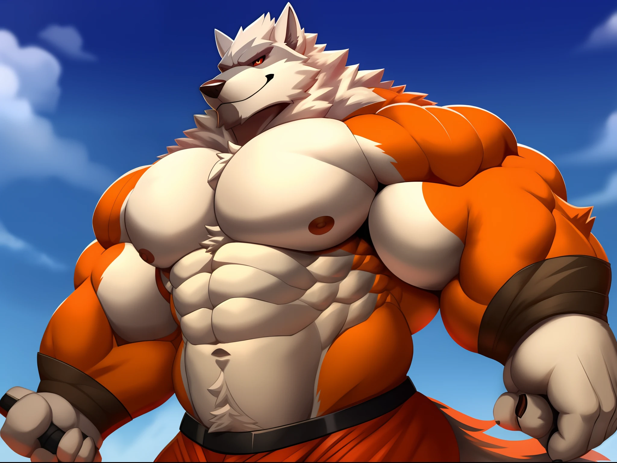 imagem de estilo de um homem com um corpo semelhante a um lobo e uma camisa, lobisomem musculoso, peito fofo, musculoso! Branco, peito peludo, super buff e cool, Commission for High Res, lobo peludo, thick furry neck and fluff on his chest, corpo peludo, Arte peluda!!!, forte e imponente, thicc, musculoso!!!, corpo fofo, big muscle, large muscles