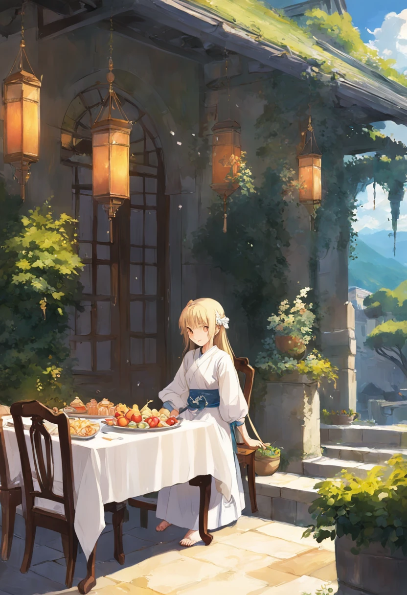 midsummer,In the courtyard of a wealthy family,A white-clothed scholar lay on a lounge chair in the courtyard,There are also a few maids waiting beside him,There are also fruits on the table next to it,desserts。