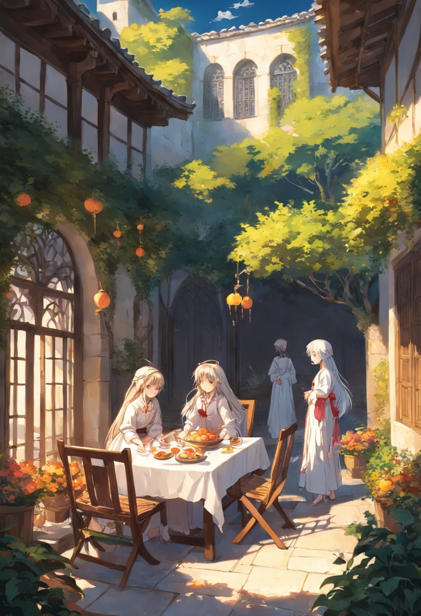 midsummer,In the courtyard of a wealthy family,A white-clothed scholar lay on a lounge chair in the courtyard,There are also a few maids waiting beside him,There are also fruits on the table next to it,desserts。