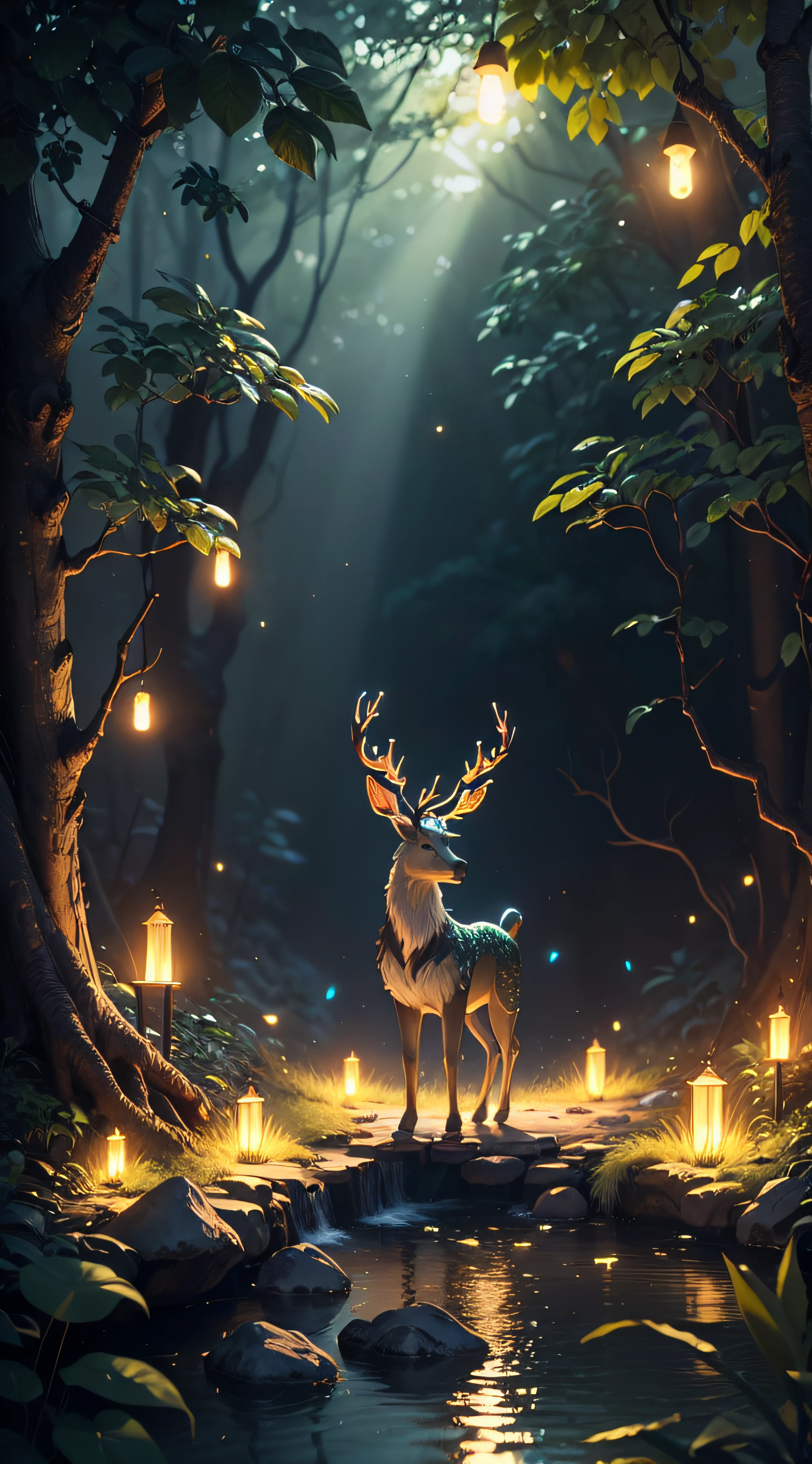 Masterpiece, Best quality, (Very detailed CG unity 8K wallpaper), (Best quality), (Best Illustration), (Best shadows), Glowing Elves, With the Golden Deer, in the pool Drinking water, Natural elements in the forest theme. Mysterious Forest, Beautiful forest, Nature, Surrounded by flowers, delicate leaves and branches surrounded by fireflies (nature elements), (Jungle theme), (Leaves), (tree branch), (glowworm), (particle fx) etc. 。.3D, Octane rendering, Ray tracing, Super detailed