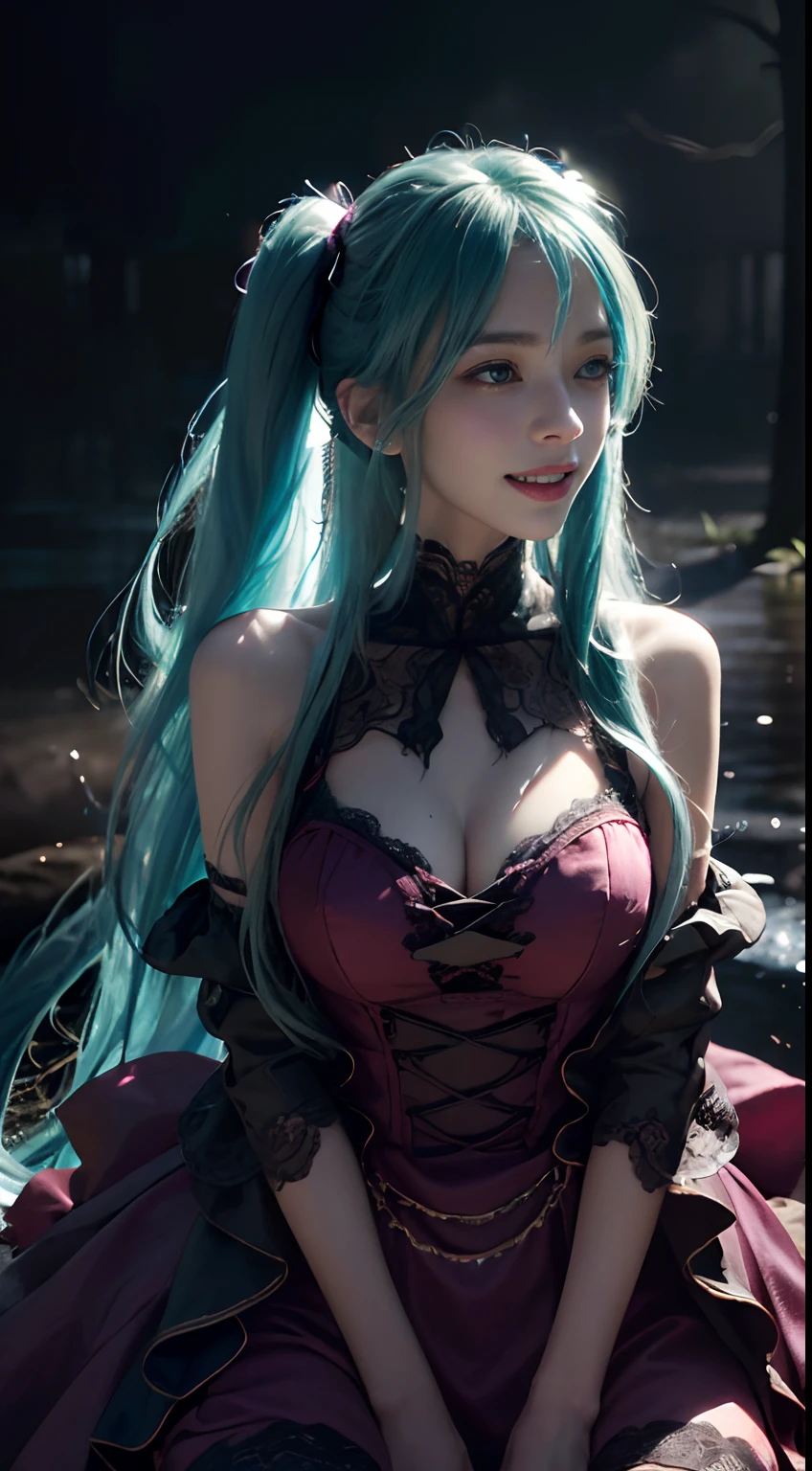 (Hatsune Miku character), Tosca hair color, Long two-tailed hair with ponies, Looking at the view, Eye of the landscape, Smile (Big smile), (Open mouth), Full body photo, 21 year old girl, Perfect body, Perfect anatomy, Tosca eye color, Double eyelids, Huge breasts, Highly detailed skin texture, (Realistic skin), Ultra-detailed face, Detailed lips, Detailed eyes, Double eyelids, Nack shoes, Wet skin, Wet hair, (((Simple background))), (Front focus), (In the dark:1.6), deep dark, Surrealistic Female Portraits by David Hockney and Alphonse Mucha, Fantasy art, photograph realistic, Dynamic pose, Popular model poses, Dynamic lighting, art stations, poster for, voluminetric lighting, Very detailed faces, 4 k'', In the dark, deepshadow, low tune, Cowboy shot, (Pink dress color), Illuminated dress, Erotic lace dress, Suspender stockings, Extremely detailed, liquid milk