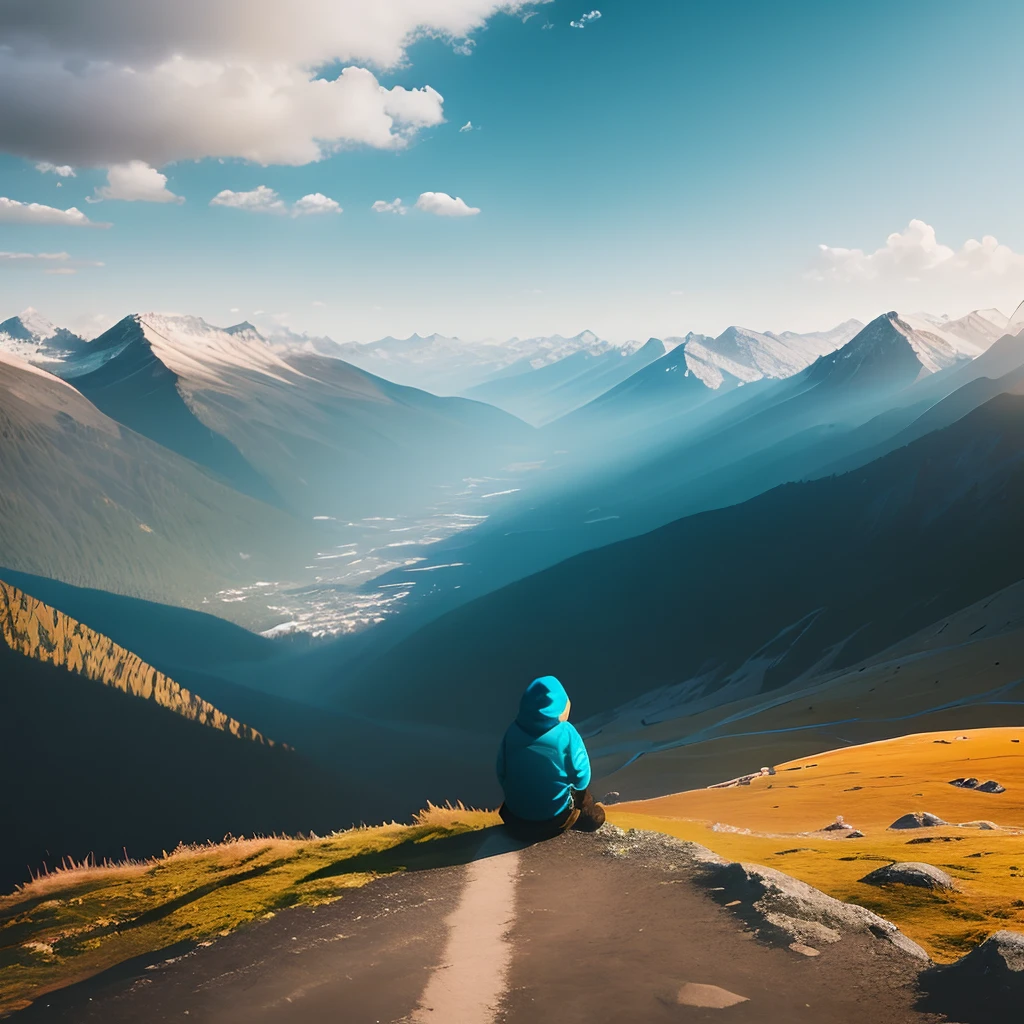 A person alone in the mountains watching the scenery
