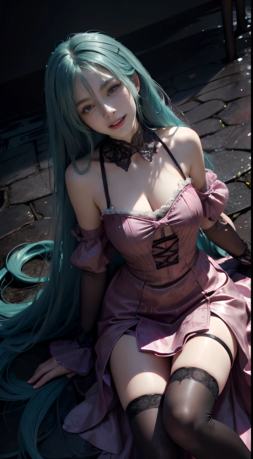 (Hatsune Miku character), Tosca hair color, Long two-tailed hair with ponies, Looking at the view, Eye of the landscape, Smile (Big smile), (Open mouth), Full body photo, 21 year old girl, Perfect body, Perfect anatomy, Tosca eye color, Double eyelids, Huge breasts, Highly detailed skin texture, (Realistic skin), Ultra-detailed face, Detailed lips, Detailed eyes, Double eyelids, Nack shoes, Wet skin, Wet hair, (((Simple background))), (Front focus), (In the dark:1.6), deep dark, Surrealistic Female Portraits by David Hockney and Alphonse Mucha, Fantasy art, photograph realistic, Dynamic pose, Popular model poses, Dynamic lighting, art  stations, poster for, voluminetric lighting, Very detailed faces, 4 k'', In the dark, deepshadow, low tune, Cowboy shot, (Pink dress color), Illuminated dress, Erotic lace dress, Suspender stockings, Extremely detailed, liquid milk