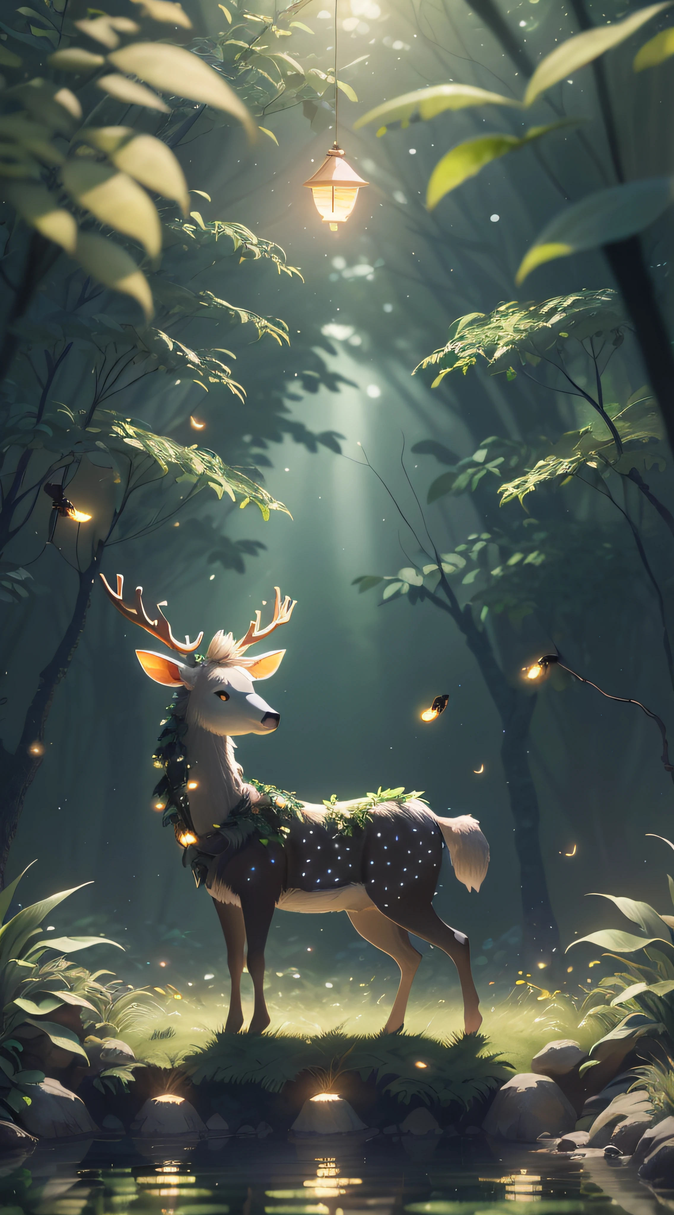 Masterpiece, best quality, (very detailed CG unity 8k wallpaper), (best quality), (best illustration), (best shadows), glow sprite, with a glowing deer, in the swimming pool Drinking water, natural elements in the forest theme. Mysterious forest, beautiful forest, nature, surrounded by flowers, delicate leaves and branches surrounded by fireflies (natural elements), (jungle theme), (leaves), (twigs), (fireflies), (particle effects) etc. 3D , Octane rendering, ray tracing, super detailed --v6