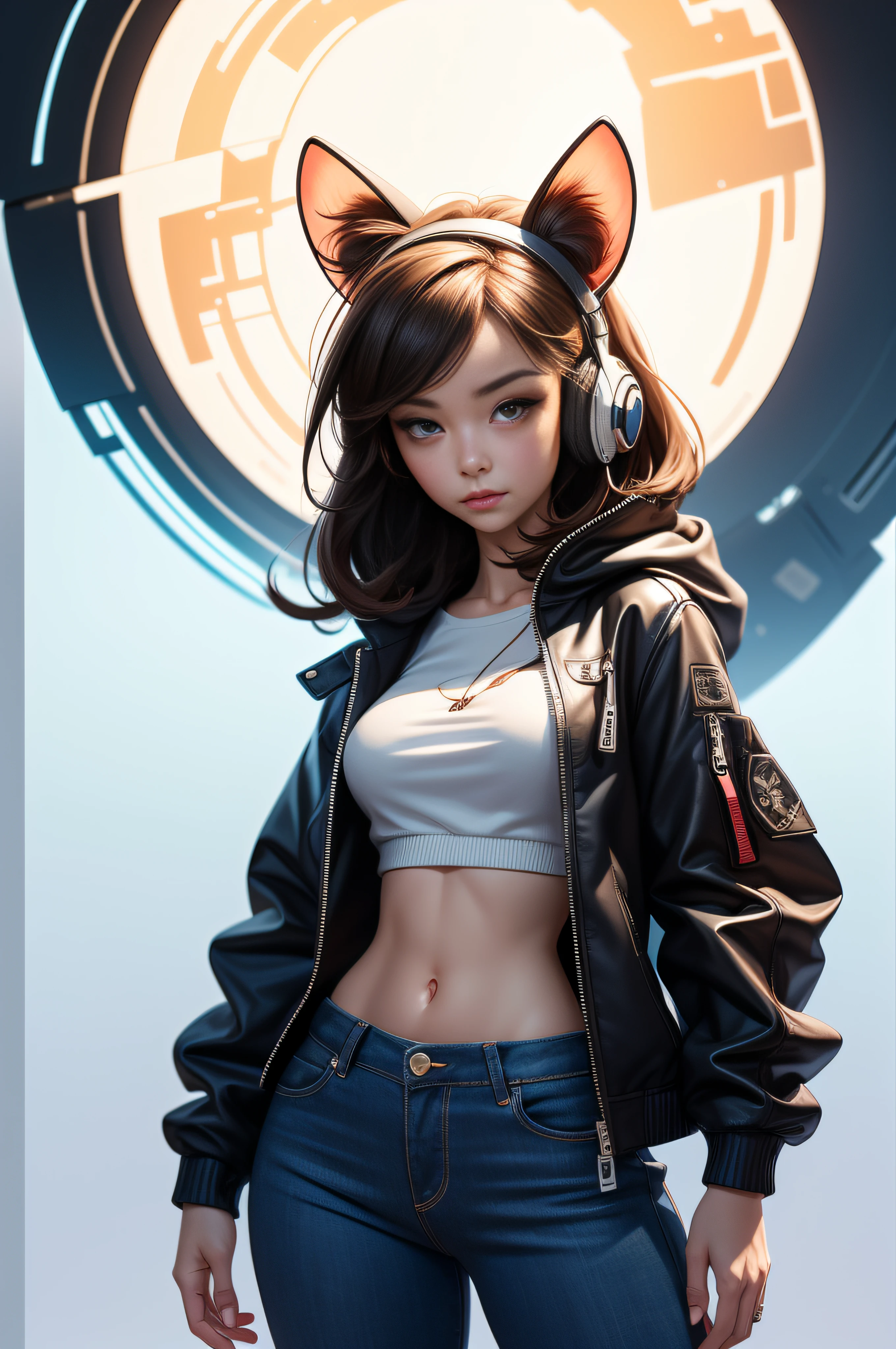 Perfectly-centered, a fullbody cute kitten, wearing a student varsity jacket, wearing sunglasses, wearing headphones, happy, standing position, abstract beauty, centered, looking at the camera, facing the camera, approaching perfection, dynamic, moonlight, highly detailed, digital painting, artstation, concept art, smooth, sharp focus, 8k, HD resolution, illustration, art by Carne Griffiths and Wadim Kashin, white background