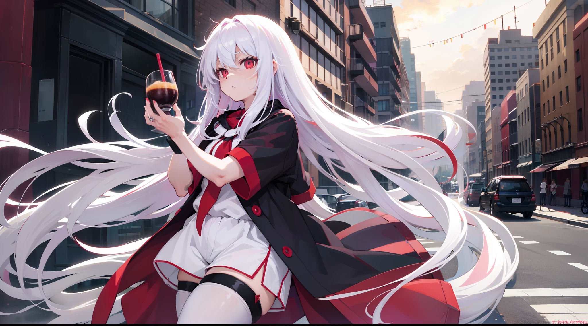 Long white hair, red color eyes, Dark purple shorts，Inside are white short sleeves，Wearing black stockings, Plump body, An anime character, Only one person，Drinking brown drinks on the street