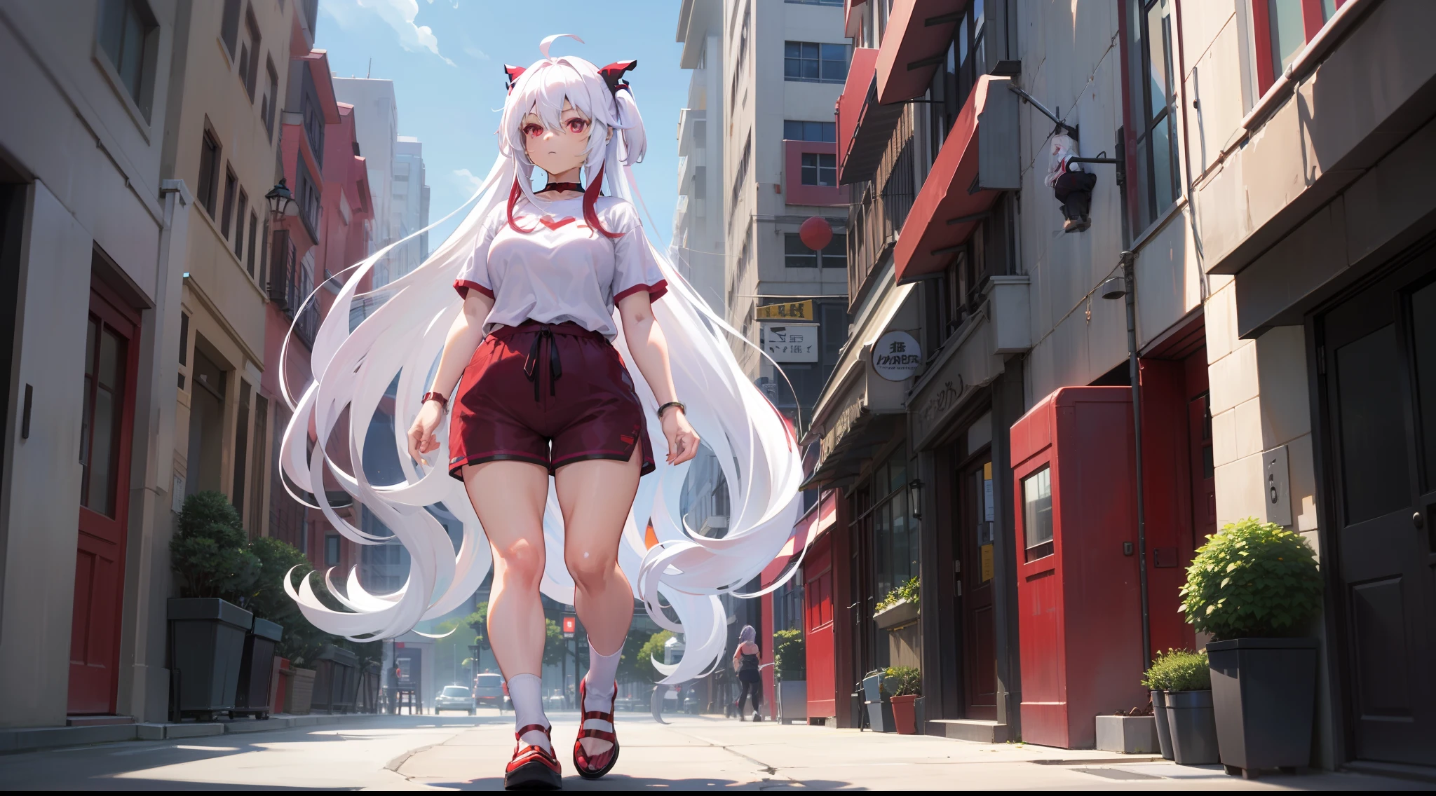 Long white hair, red color eyes, Dark purple shorts,Inside are white short sleeves,Wearing black stockings, Plump body, An anime character, Only one person,Drinking brown drinks on the street