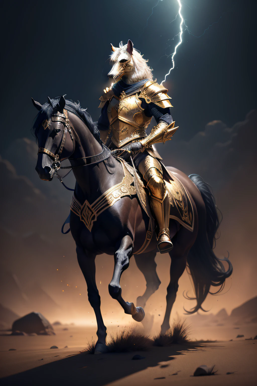 Picture of a majestic horse-headed man, standing on your feet, Hold the flashlight with one hand, Wearing gold and black armor, Fantasyart, High detail, Cinematic lighting, god light, hyper HD, A high resolution